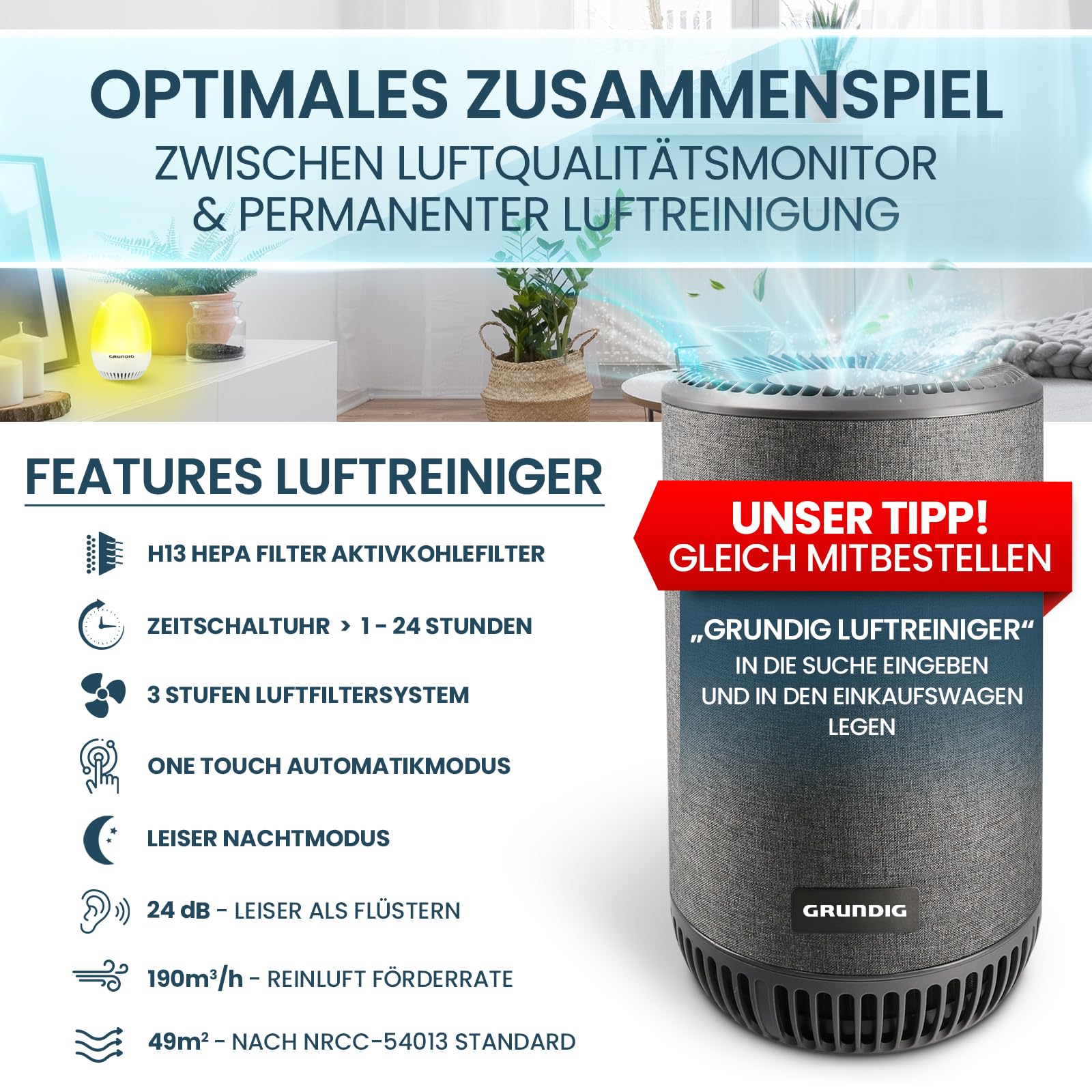 GRUNDIG CO2 Messgerät Ampel Kalibrierungsautomatik Akku Betrieb Signal für Stoßlüften mobiles Luftqualität Messgerät