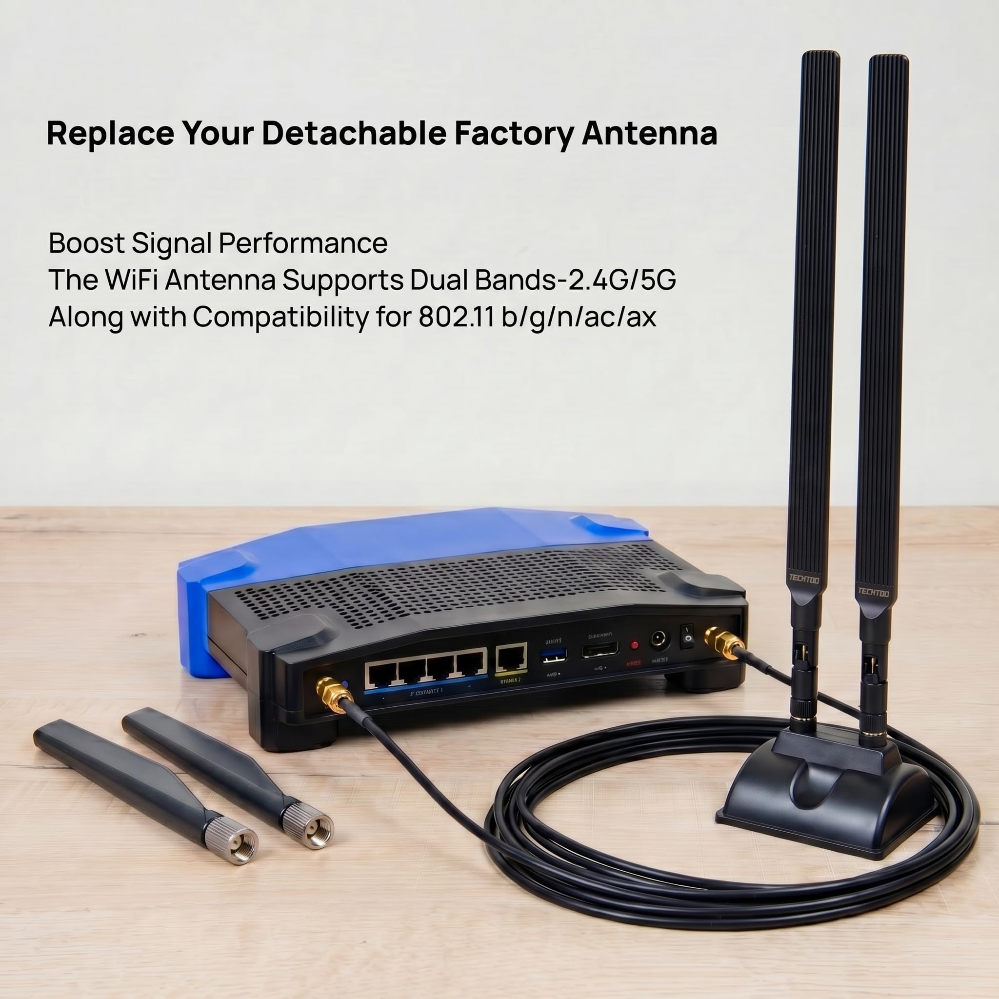 TECHTOO Antena WiFi de 12 dBi de doble banda 2.4 GHz 5 GHz RP-SMA Antenas WiFi con base magnética y cable de extensión de 4 pies para PC de escritorio, PCI, Bluetooth, tarjeta de red inalámbrica