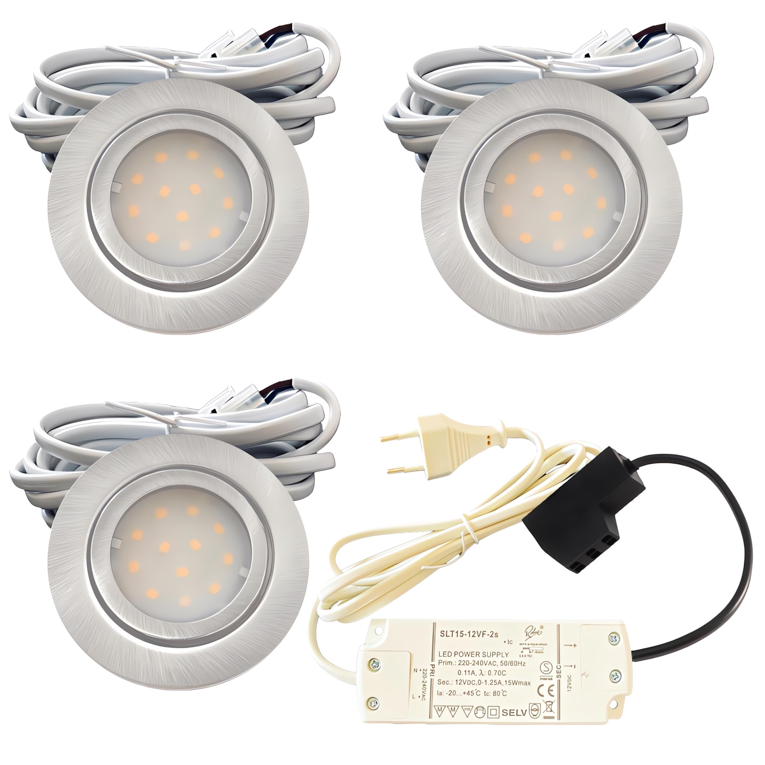 3x IP44 LED Einbauspots 12V, flach, 2,4W, 200lm, Edelstahl gebürstet, inkl. LED-Trafo, 230V Zuleitung mit Stecker, AMP Verteiler, Neutralweiß 4000K, Lochdurchmesser 54-60mm, Plug and Play.