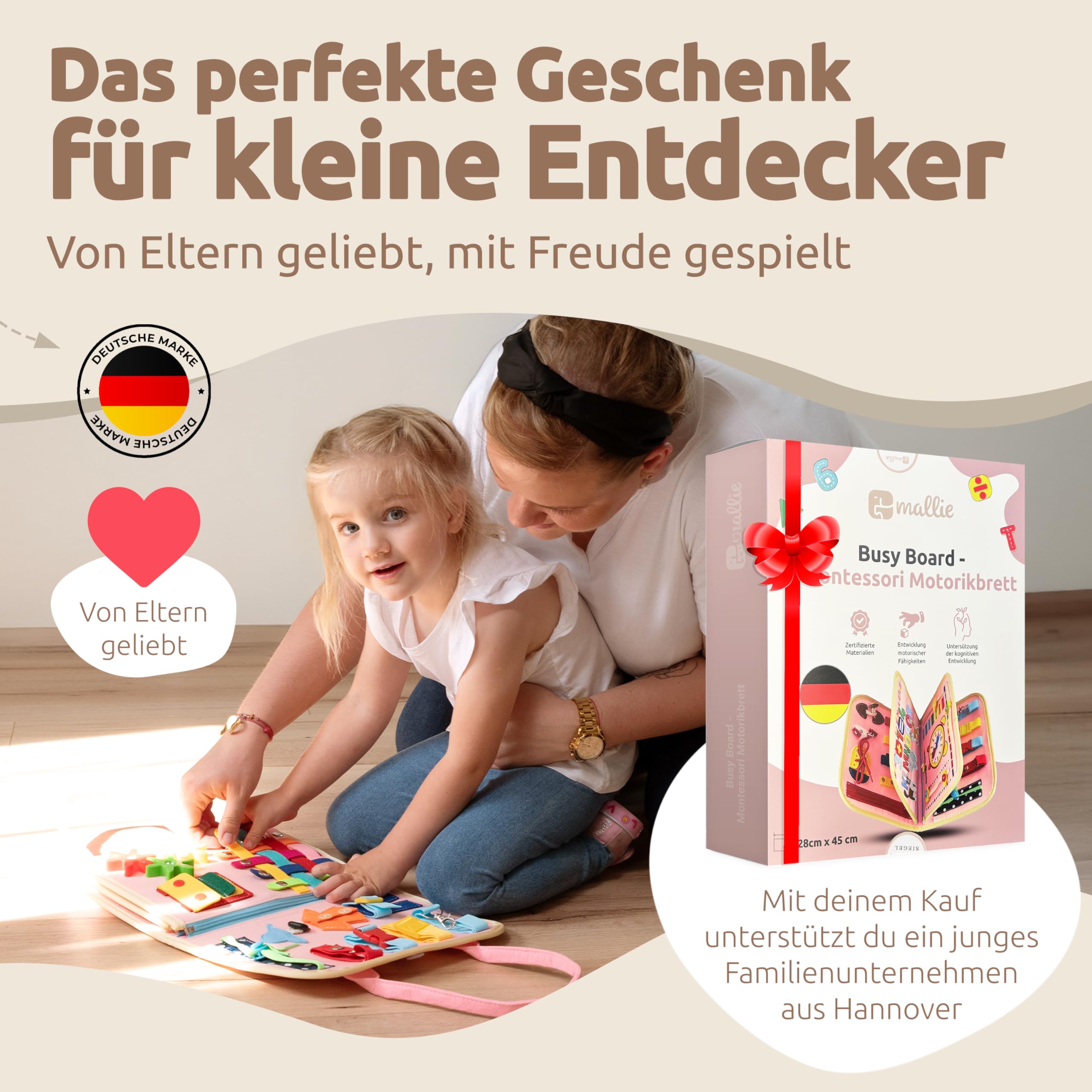 Mallie® Montessori Busy Board ab 1 2 3 4 Jahren inkl. Gratis Mal & Rätsel 48-Seiten Heft mit Rollenspiel-Set & Fingerpuppen Lernbuch - Feinmotorik & Konzentration Quiet Book, Activity Board Quiet Book