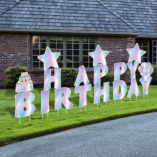 Miniatura 9 de Jetec 18 carteles de feliz cumpleaños con estacas, letreros de cumpleaños de 16 pulgadas para césped al aire libre, globos de pastel de cumpleaños,