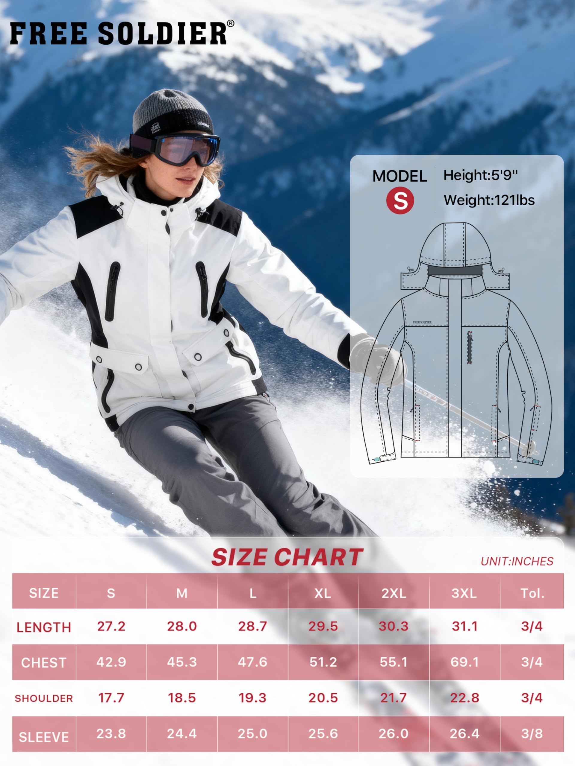 FREE SOLDIER wasserdichte Damen Schneejacke Warm Fleece Gefüttert Winter Regenjacke mit Kapuze Voll verschweißte Nähte