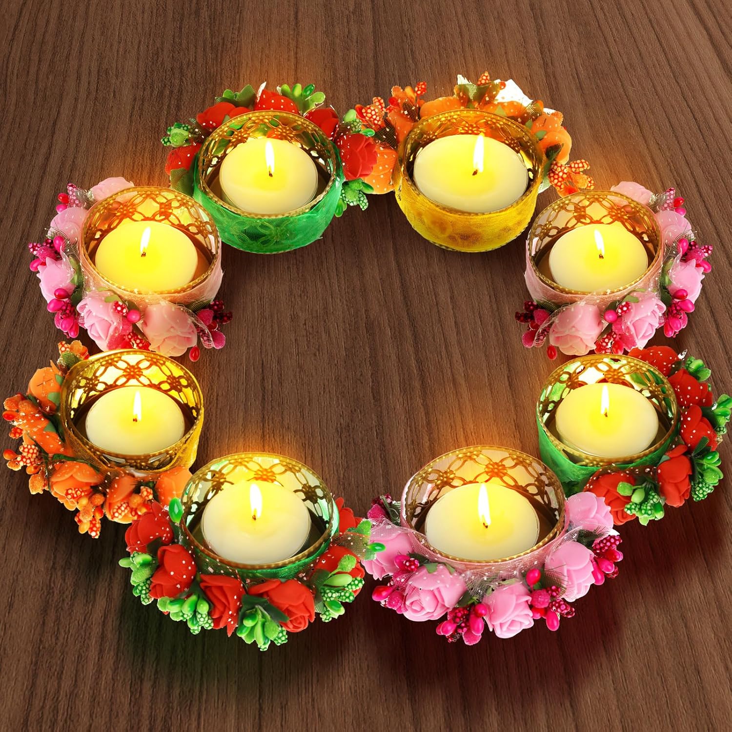 Conelist 12 Pcs Diwali Tea Light Candle Holder Metal Candle Diya Holder Pooja Diwali Diya Holder with 12 Garland and 12 Candles for Home Dining Table Centerpiece Office Decoration Indian Return Gifts