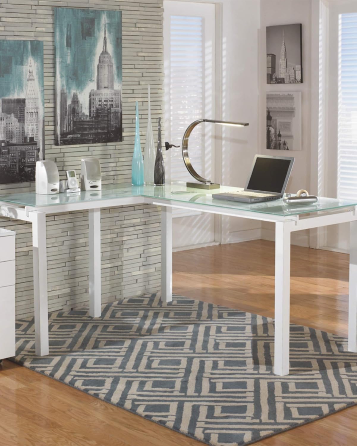 Modern White Corner Home Office Desk with Glass Top and Drawer