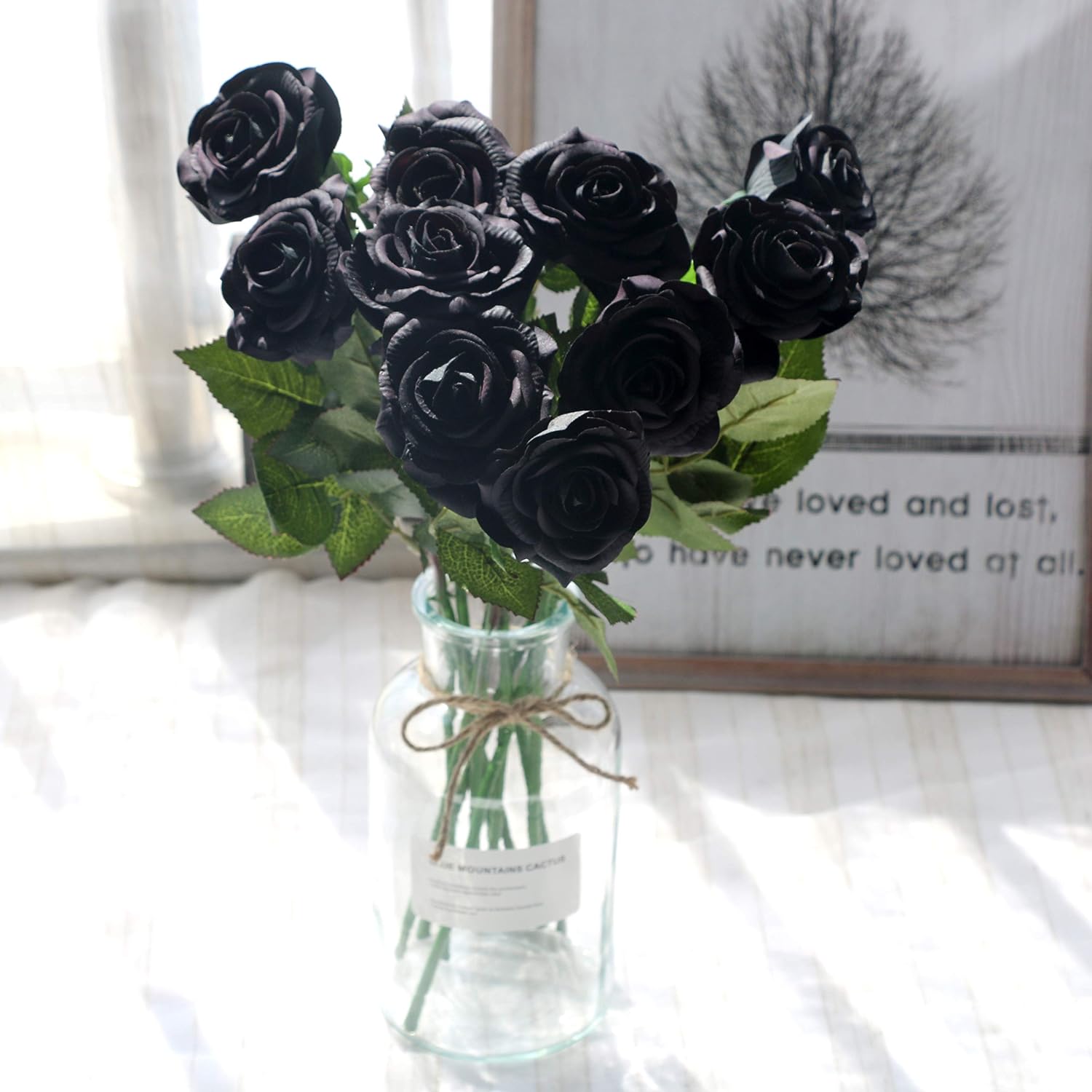 famibay 10pcs Artificial Flowers Rose Bouquets Vintage Fake Silk Rose Flowers with Leaf and Plastic Stem for Home Wedding Party Mother’s Day Garden Hotel Decoration Black