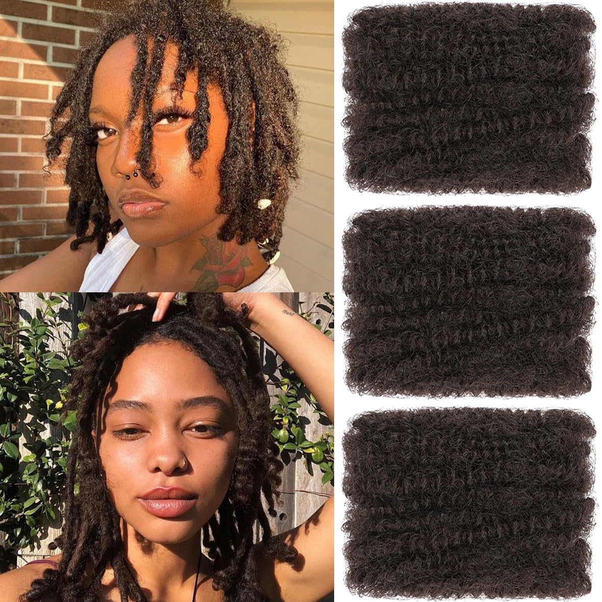 Kachanaa 8 Inch Afro Kinky Curly Braiding Hair Bulk for Dreadlock Extensions Mini Twists Repair Locs 3 Packs Dark Brwon Springy Afro Twist Hair Extensions 90g Marley Twist Hair Bulk