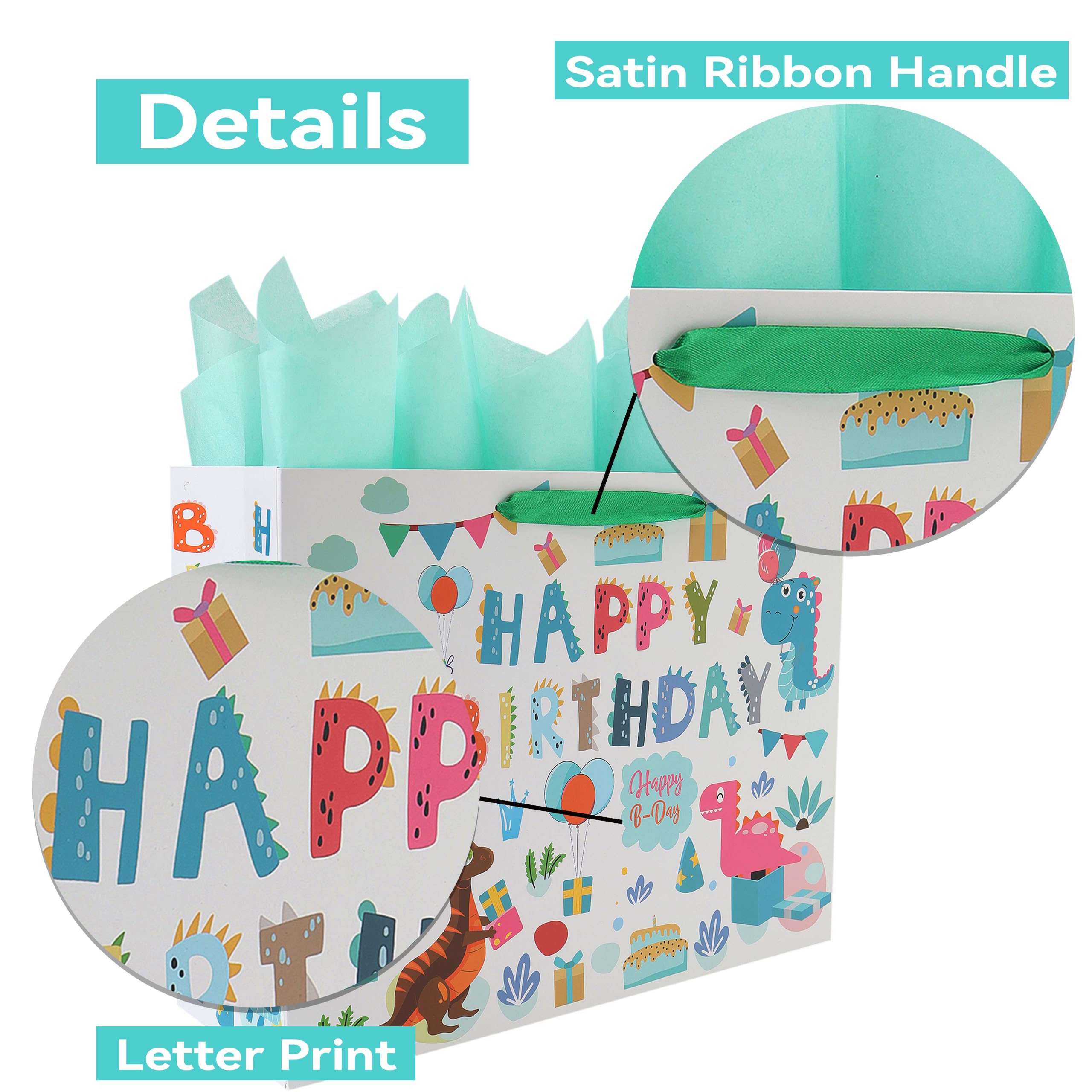 16.5” Extra Large Dinosaur Happy Birthday Gift Bag Set with Handles, Greeting Card, Tissue Papers and Stickers for 1st Birthday 2 Year Old Boys’, Girls', or Kids' Party, Newborn, New Moms or Parents, 1 Pcs