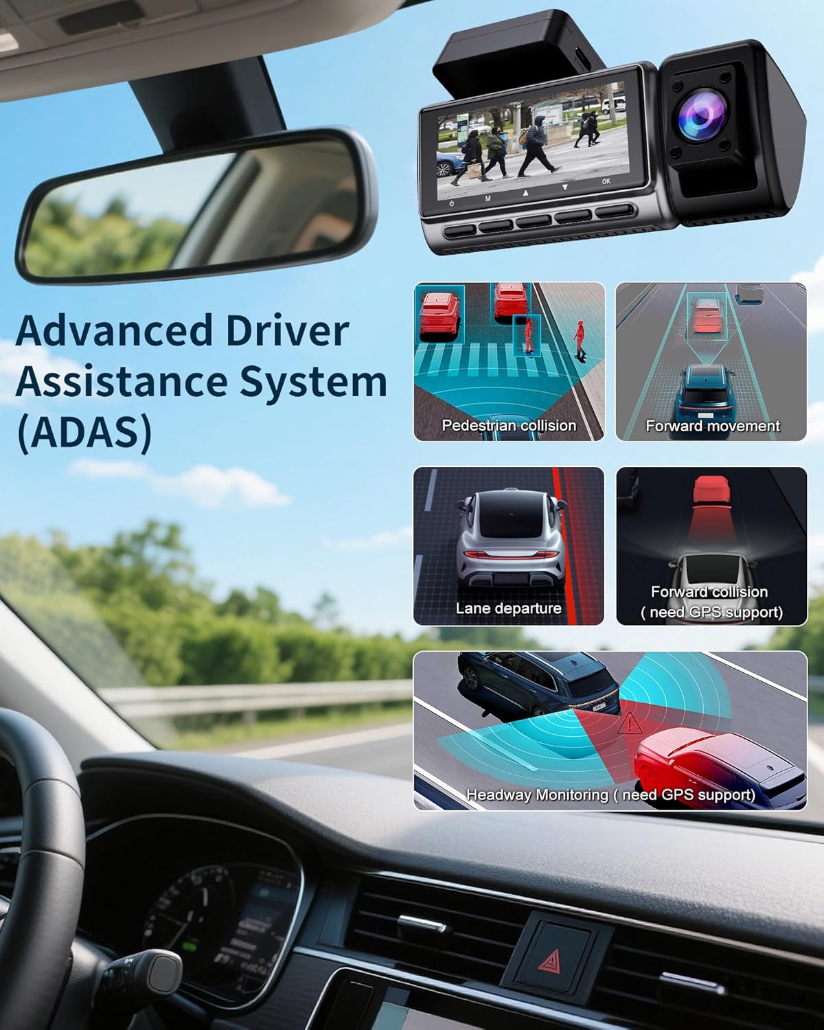 Dash Cam Front and Rear, 4K/2.5k Full HD 3 Channel Dash Camera for Car, Included 32G Card Dashcam, Built-in WiFi GPS, App Control, 3.18’ IPS Screen, Night Vision, Wide Angle, WDR, 24H Parking Mode