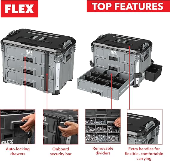 FLEX - Stack Pack Tool Storage System - 3 Drawer Box - Stackable - 533239 - Made of Impact Resistant Plastic with Aluminium Reinforced Corners, Metal Latch and More