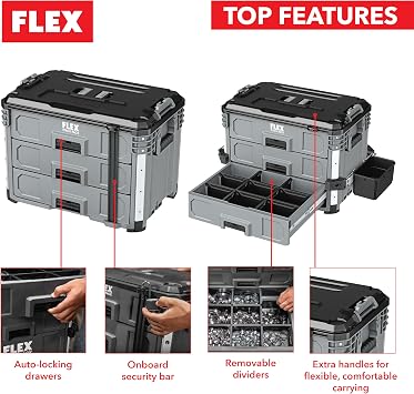 FLEX - Stack Pack Tool Storage System - 3 Drawer Box - Stackable - 533239 - Made of Impact Resistant Plastic with Aluminium Reinforced Corners, Metal Latch and More
