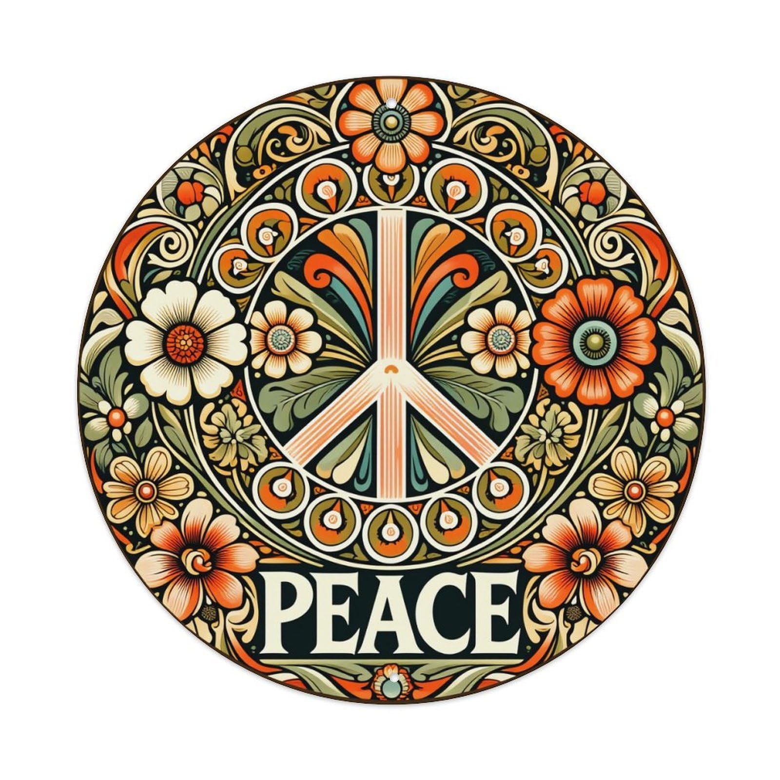 Peace Symbol Floral Pattern Art Round Tin Sign Retro Metal Sign for Cafe Bar Pub Home Game Room Gym Club Wall Decoration Vintage Metal Poster 8x8 Inch