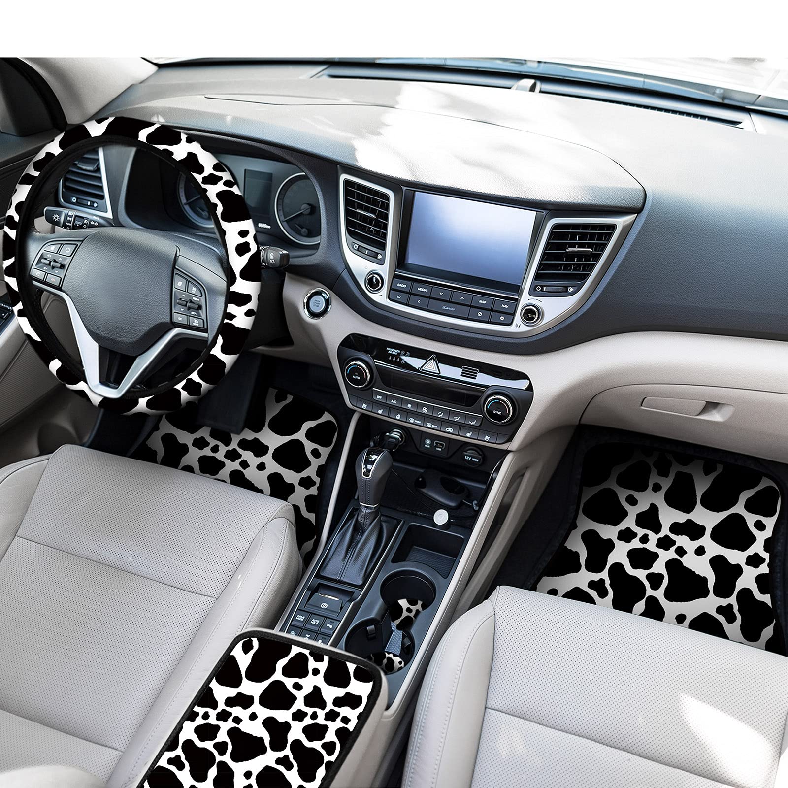 Juego de accesorios de coche con estampado de vaca para mujeres y hombres, funda para volante de coche, funda de asiento con estampado de vaca, almohadillas para cinturón de seguridad, alfombrillas de