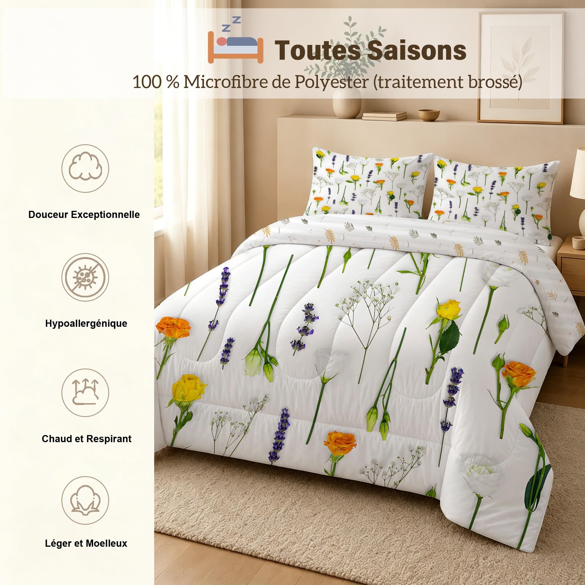 Couette 140x200 Enfant Sans Housse Imprimée Roses multicolores 4 Saisons