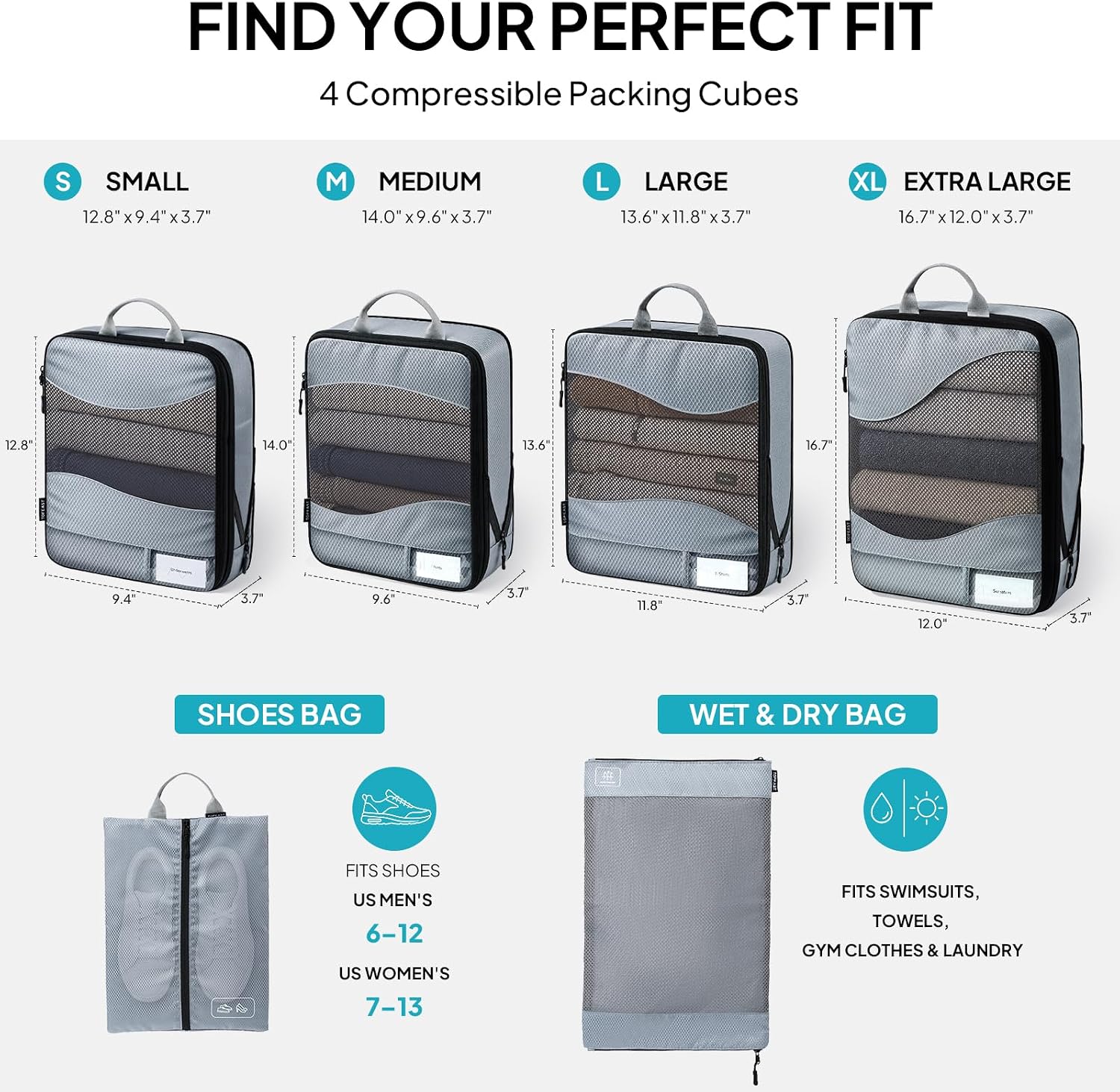 TOPEAST Compression Packing Cubes 4 Set Suitcase Organizer Bags for Travel