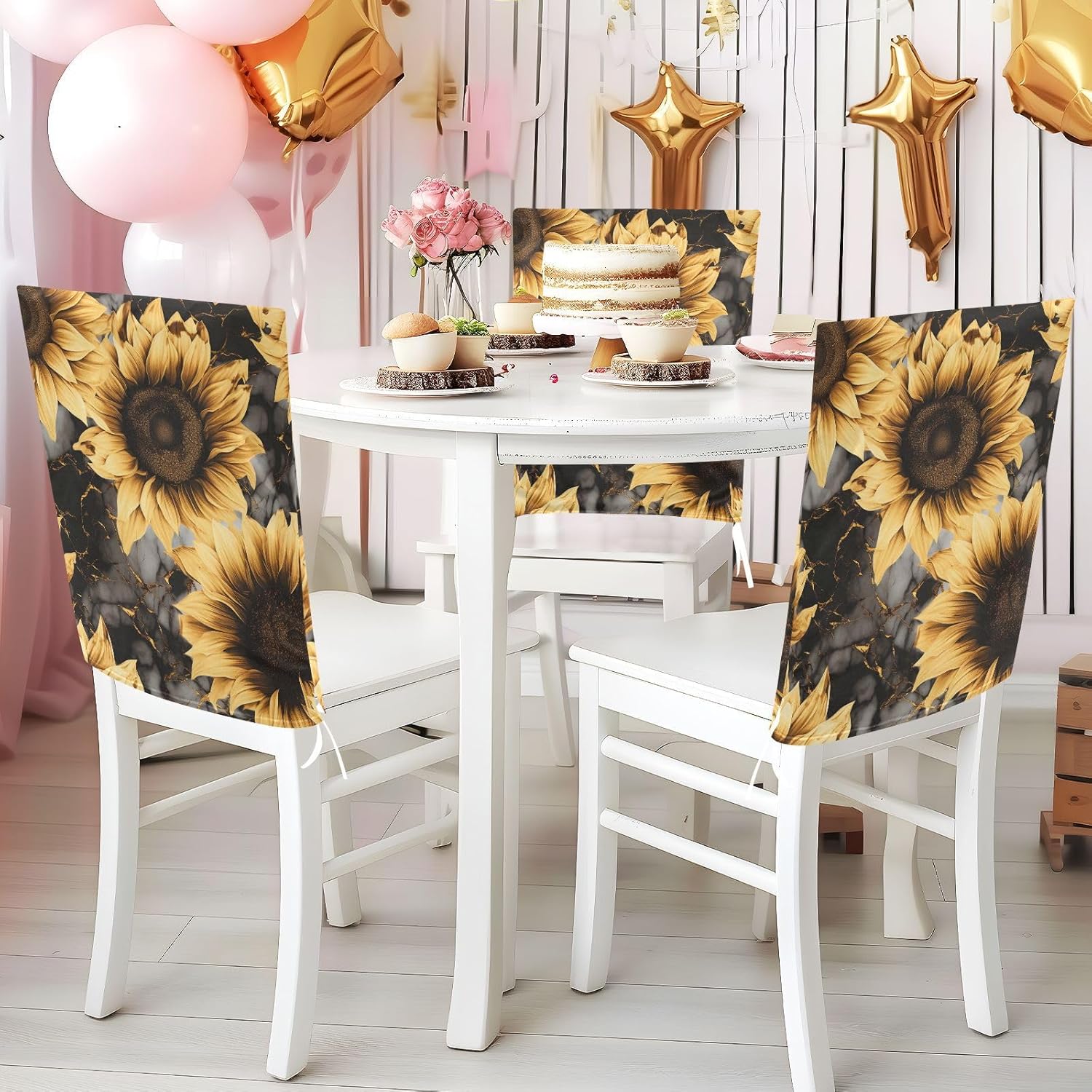ALAZA Sunflowers Marble Chair Back Cover Set of 6, Washable Reusable Removable Chair Slipcovers Decorative Chair Cover for Home Kitchen Wedding Party