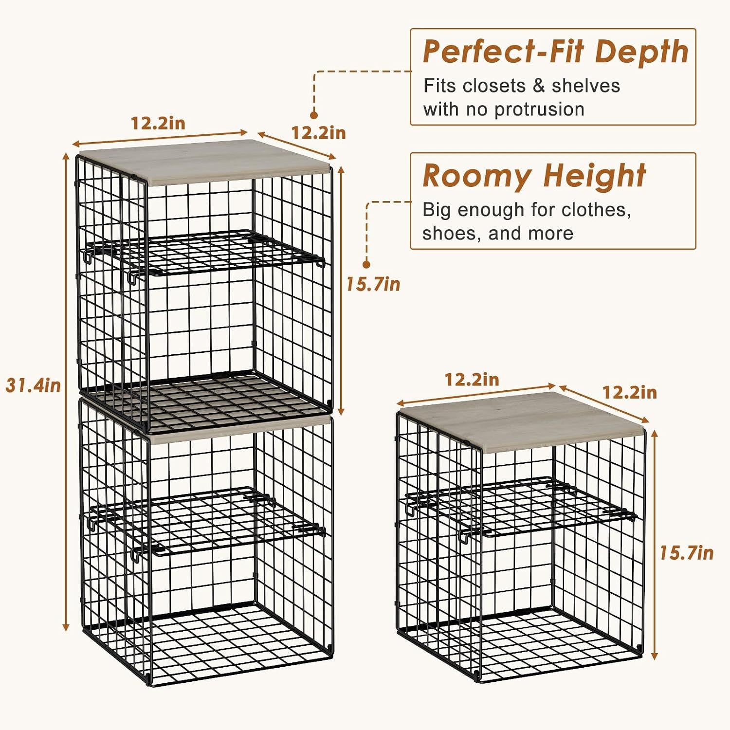 4-Tier Stackable Closet Organizers and Storage, Adjustable Dividers & Wood Top Storage Shelves for Clothes, Wardrobe & Closet Storage Basket Bins/Cube, Space-Saving Closet Organizer System, Black thumbnail