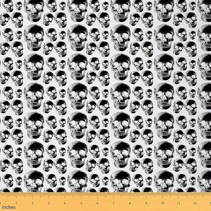 Erosebridal Sugar Skull Pattern Fabric by The Yard Abstract Waterproof Outdoor Fabric Gemetric Gothic Black White Dark Skeleton Horror Aesthetic Upholstery Decor DIY Art Decorative 1 Yard