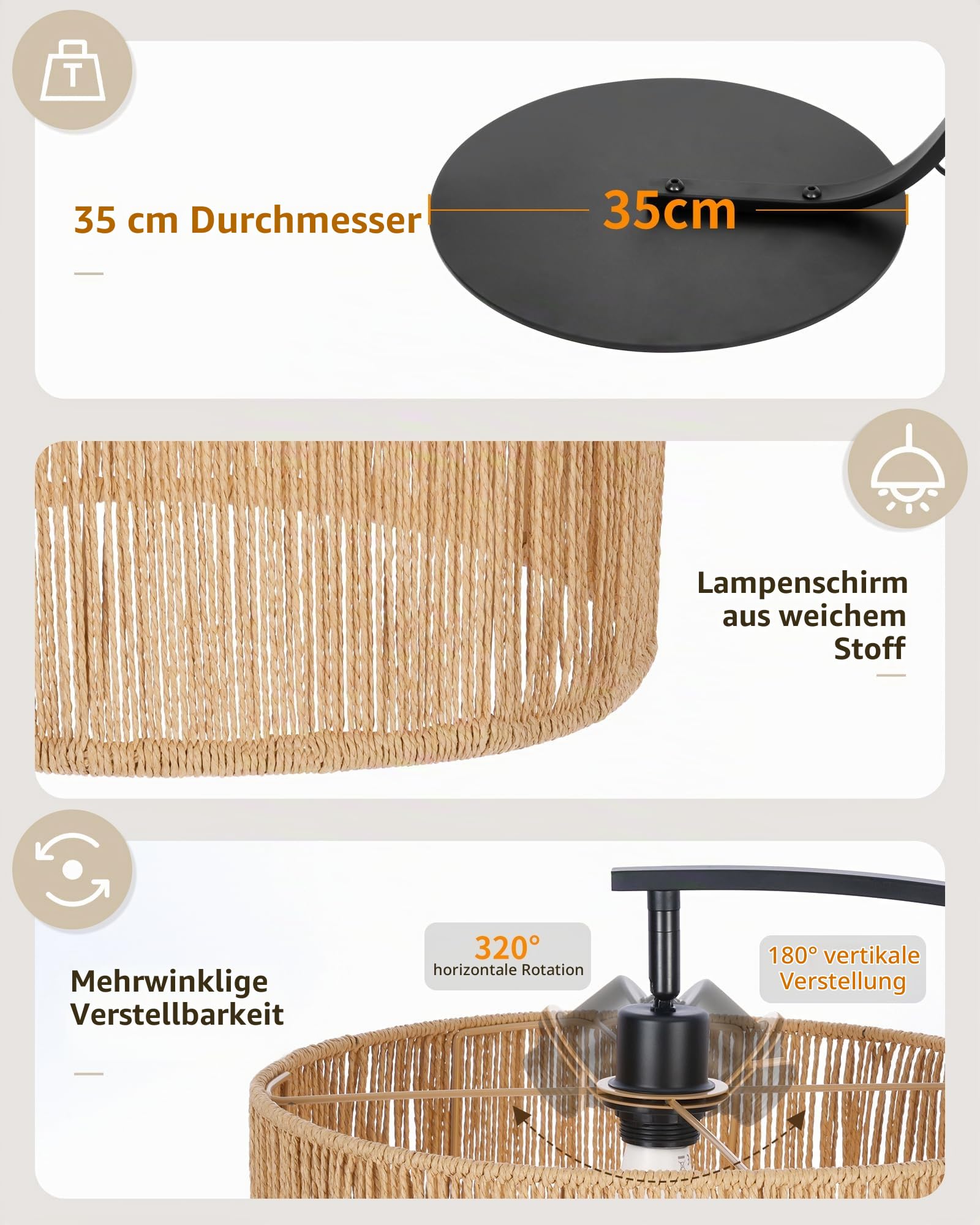 Bogenlampe Rattan, 101cm Ausladung, E27 Stehlampe Boho | Flachrohr Design, H178 cm, drehbar Lampenkopf, Fußschalter und 3 Farbtemperatur für Wohnzimmer Sofa Esstisch OVEL FL22