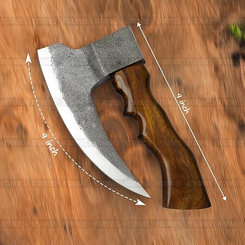 Vista 5 de Único cortador de pizza vikingo hecho a mano con mango de madera, hoja de hacha de acero al carbono ultra afilada y funda de cuero para entusiastas