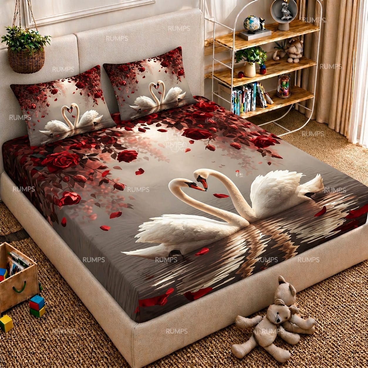 RUMPS 3D Digital Printed Double Bedsheet Flat | Premium Knitted Cotton MicroFabric 90x100 Inch Bed Sheet with 2 Pillow Covers, Cute Cartoon Blue Bird (7D Digital Duck)