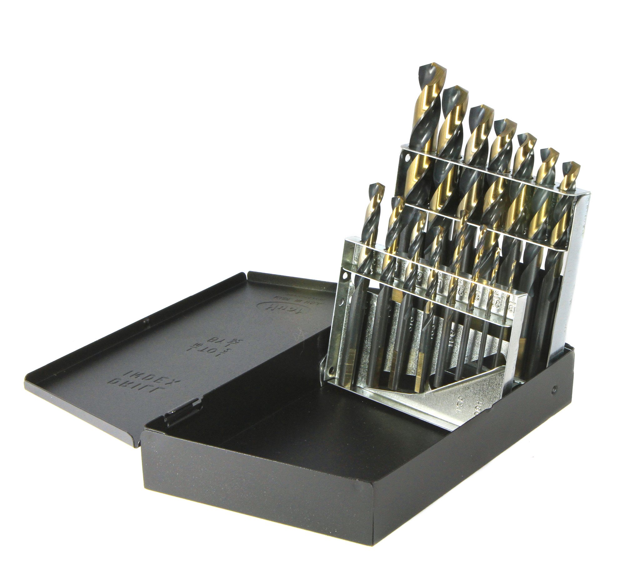Drillco350N Series Nitro 15 Piece High-Speed Steel Mechanics Length Drill Bit Set Black and Gold Oxide Finish Round with Flats Shank Spiral Flute 135 Degrees Split Point 1/16 - 1/2 in 1/32 increments
