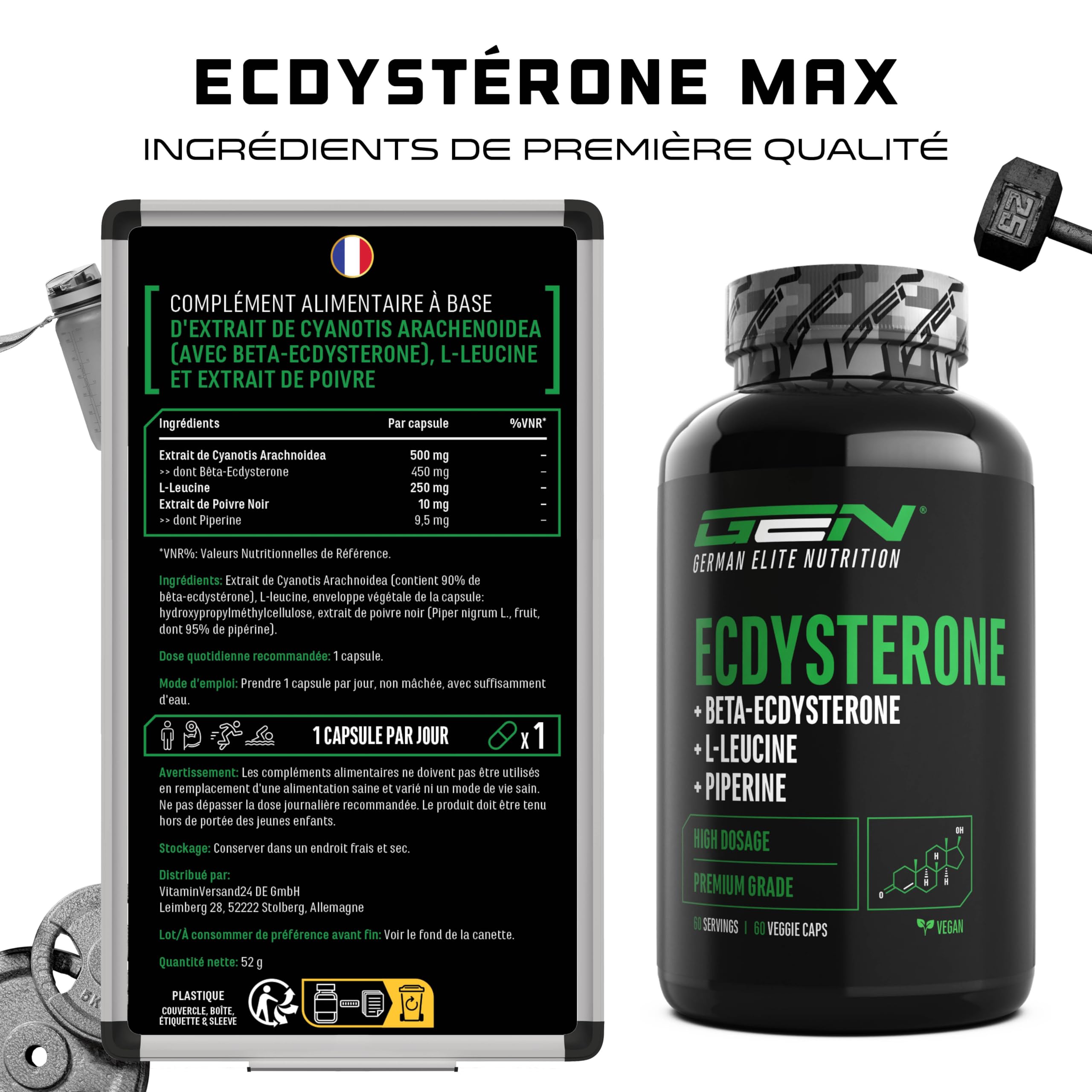 Complexe d'ecdystérone - fortement dosé avec 760 mg par gélule - Premium : 90% bêta-ecdystérone + L-leucine + pipérine - 60 gélules - fortement dosé - Vegan