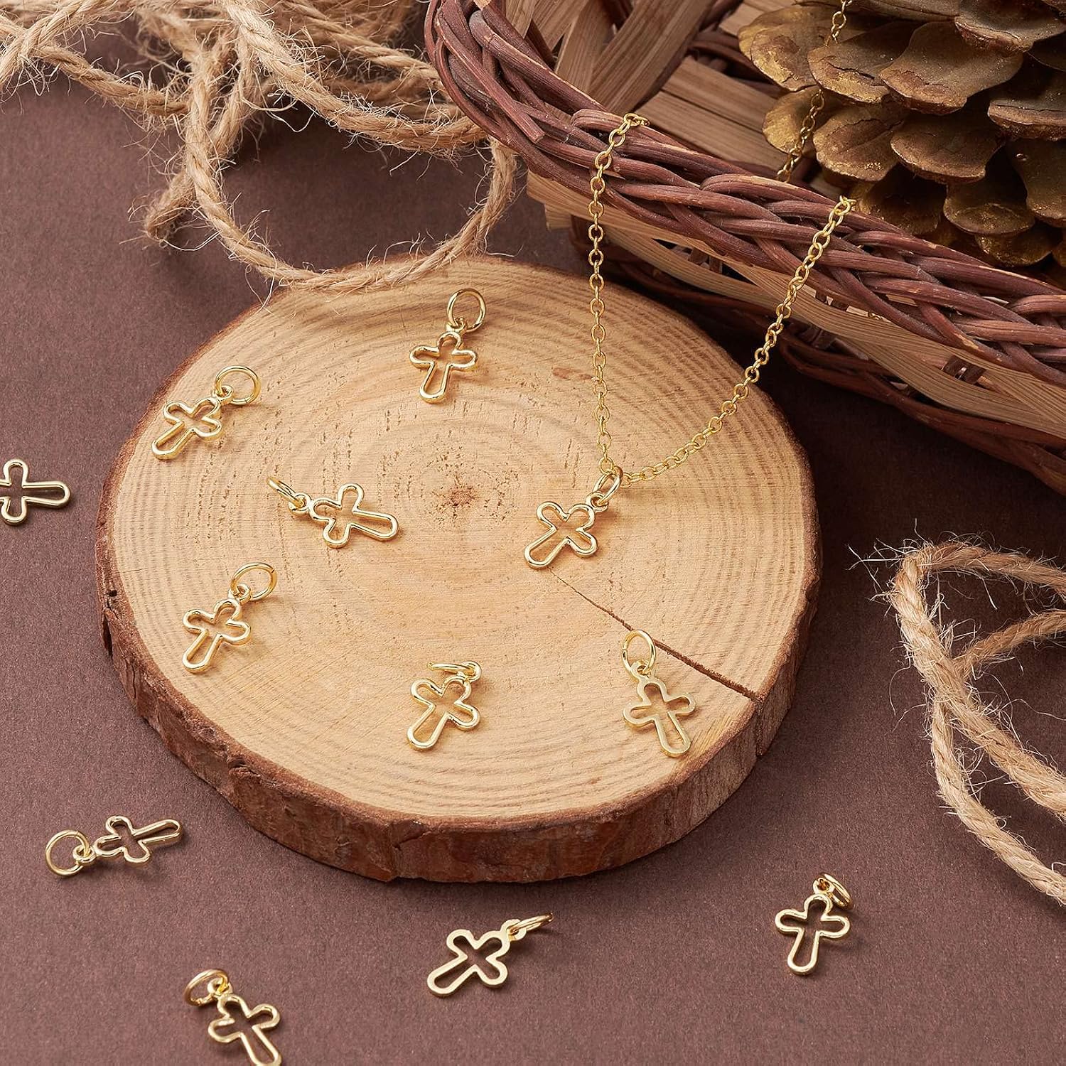 LiQunSweet 50 Pcs Hollow Tiny Religious Crucifix Cross Charms for DIY Crafting Bracelet Necklace Jewelry Making Accessories