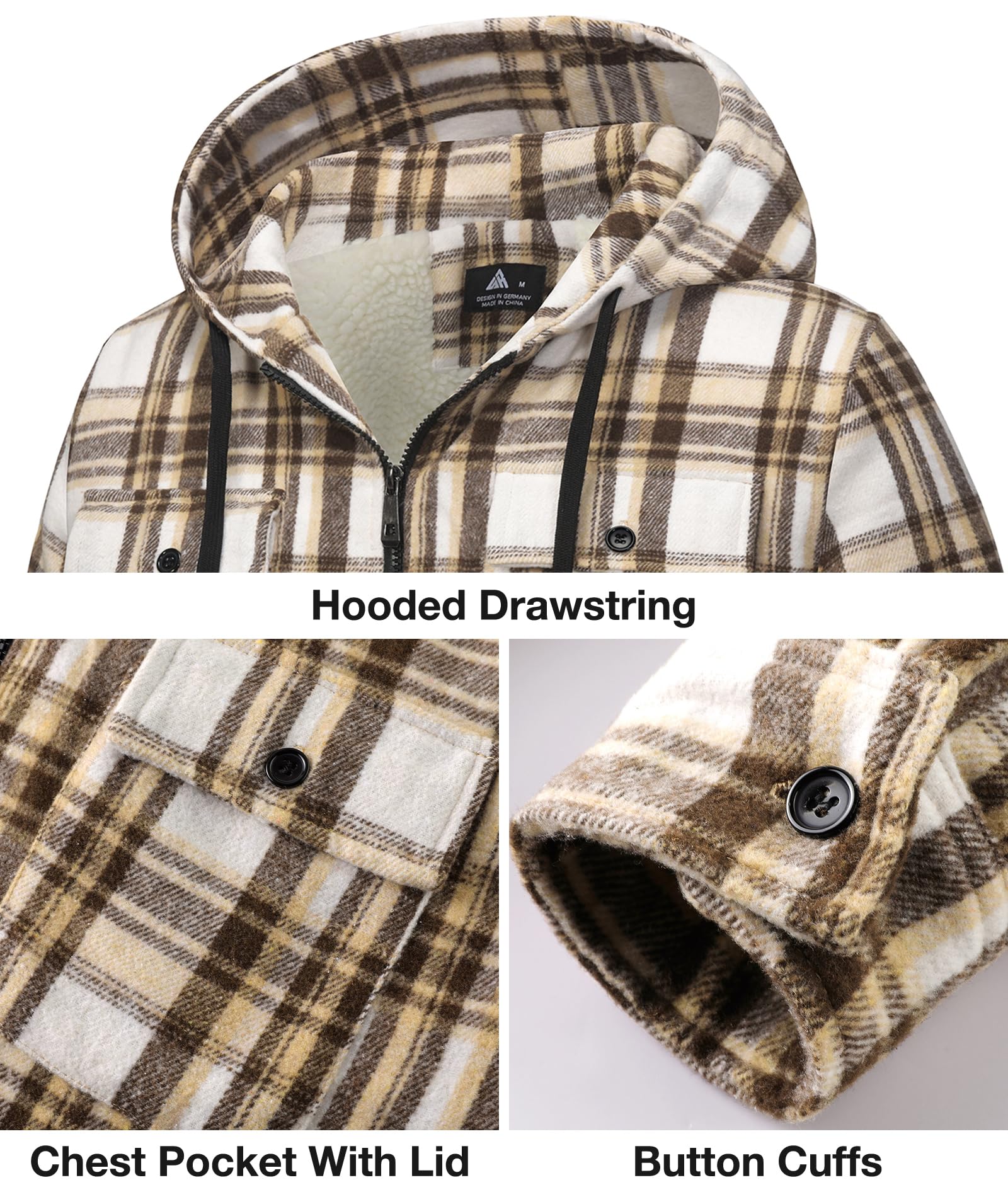 Abrigo de invierno para hombre, de franela, a cuadros, forro polar, sherpa, cremallera completa, sudadera cálida