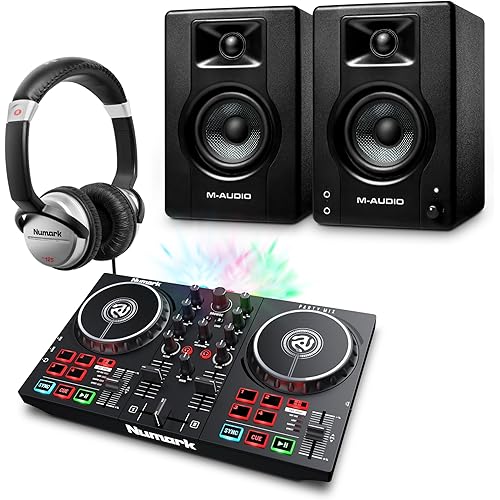 Beginner DJ Set - Numark DJ Controller and DJ Headphones plus M-Audio DJ Monitor Speakers with Serato DJ Lite and Party Lights