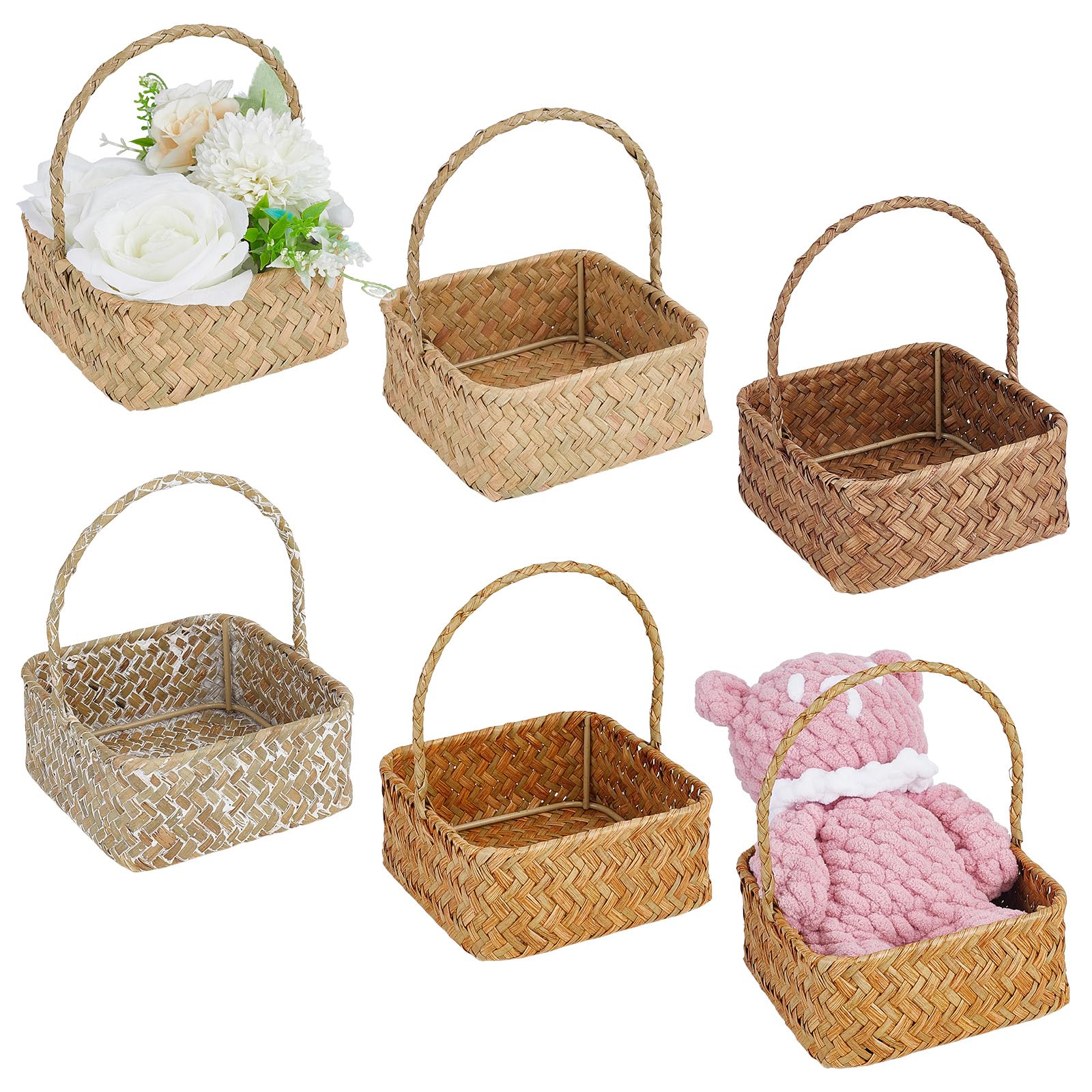 4 cestini quadrati intrecciati a mano con manico, 4 cesti portaoggetti intrecciati a mano, in alga marina, scatole regalo fatte a mano, per l'organizzazione della casa, 121 x 121 x 155 mm