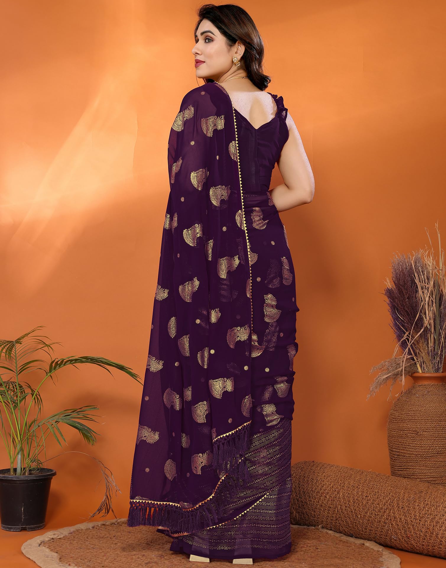 SIRIL Women's Georgette Foil Printed Saree with Unstitched Blouse Piece (4256S673_Purple) - Image 3 thumbnail
