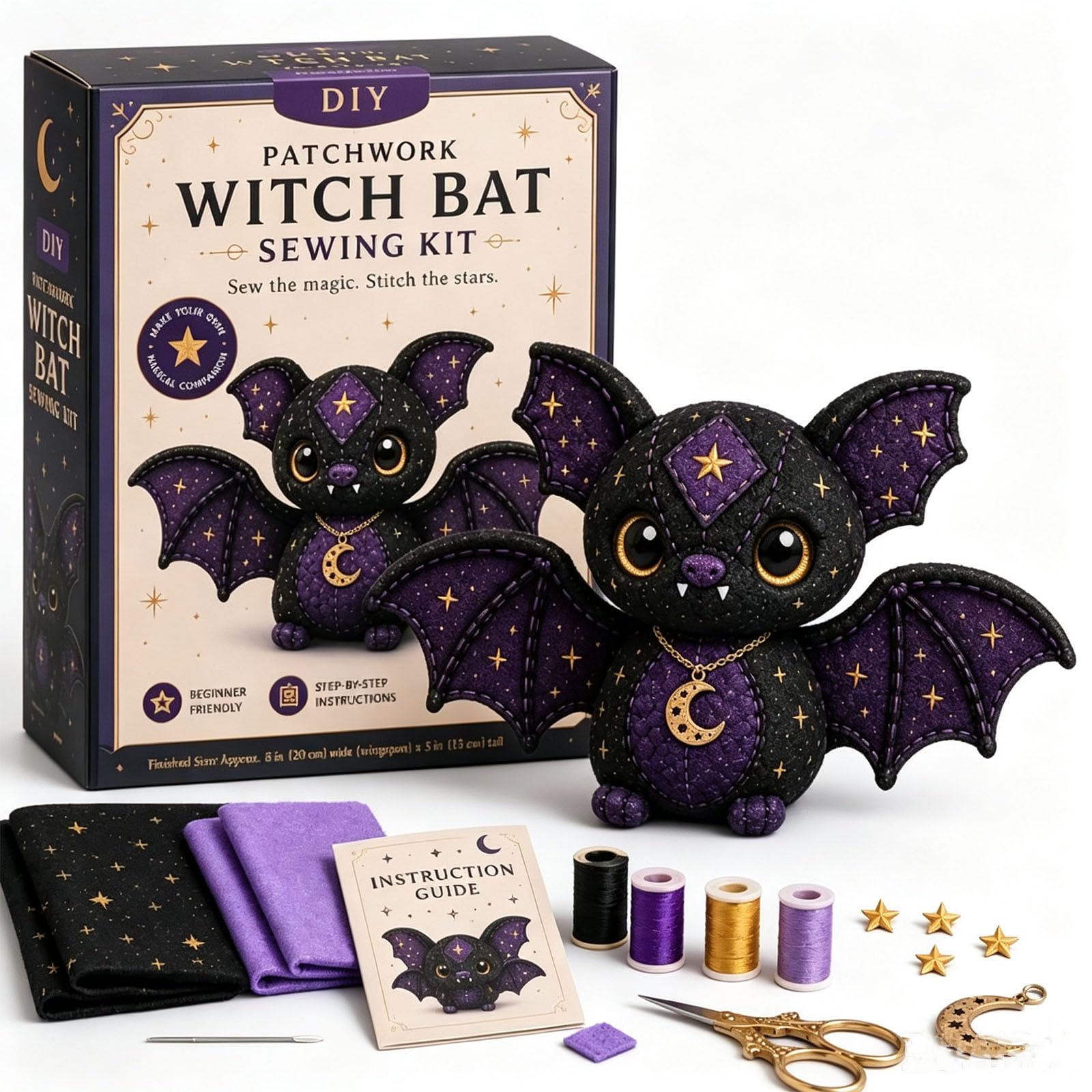 Mystic Patchwork Animal Sewing Kit – DIY Plush Craft Kit with Starry Fabric, Moon Charm, Fantasy Patchwork Animal Sewing Kit with Guide, Halloween Sewing Gift for Teens & Adults (Witch Bat)