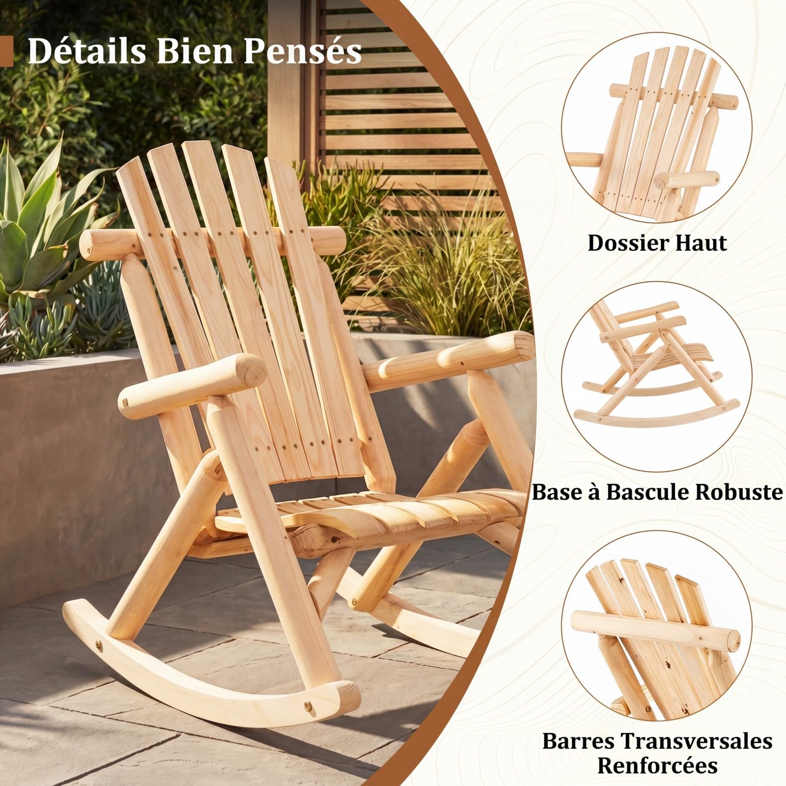 COSTWAY Fauteuil à Bascule Adirondack Exterieur Interieur, Rocking Chair en Bois Massif, Siège Incurvé, Haut Dossier Éventail, Chaise pour Jardin Terrasse Balcon, Charge 150 kg, 99 x 68 x 99 cm