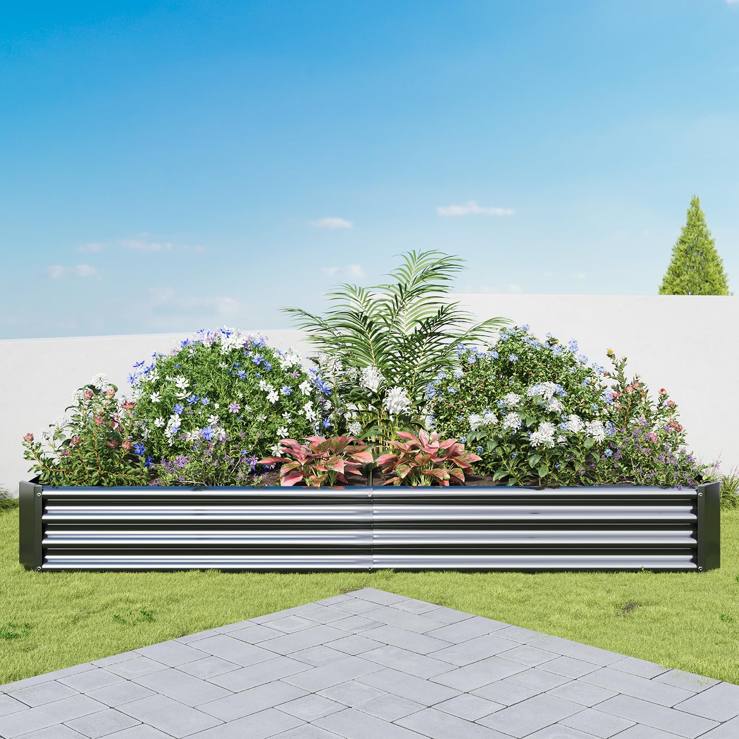 Set di aiuole rialzate in metallo zincato, per giardino, 232 x 113 x 30 cm, set di aiuole rialzate per verdure, fiori grassi, erbe aromatiche, aiuole e vaschetta per piante, rettangolare, nero