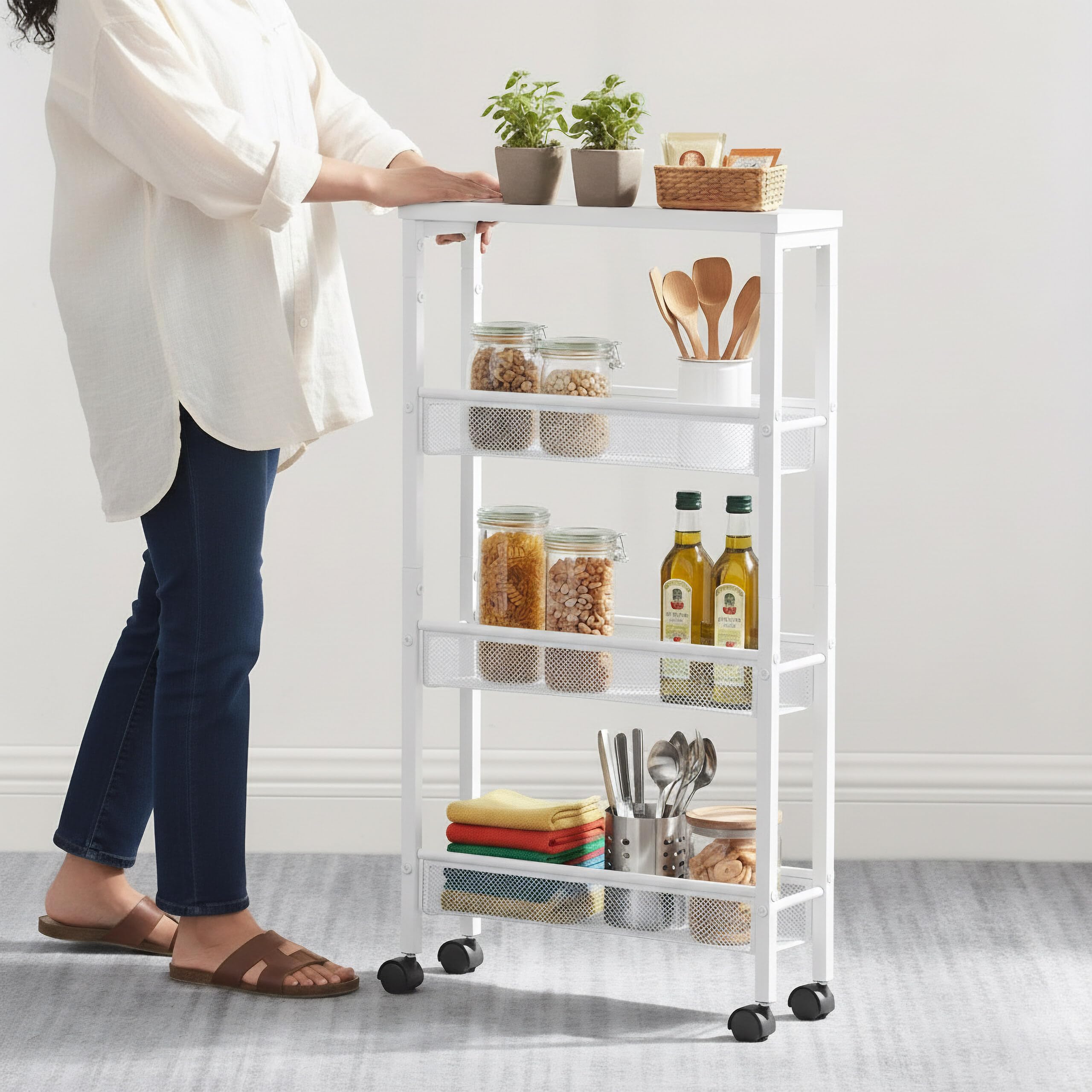 Relaxdays Chariot étroit HxLxP 77x13x45,5 cm pour SdB/Cuisine, 4 Niveaux à roulettes, métal Blanc