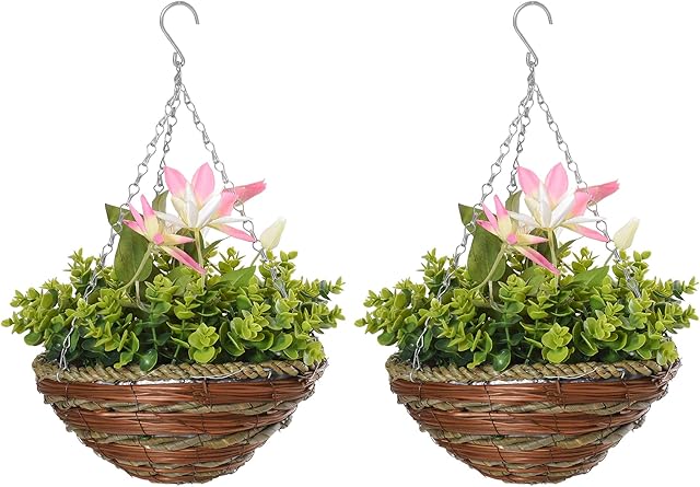 Outsunny Pack of 2 Artificial Clematis Flowers Hanging Planter Basket for Indoor Outdoor Decoration