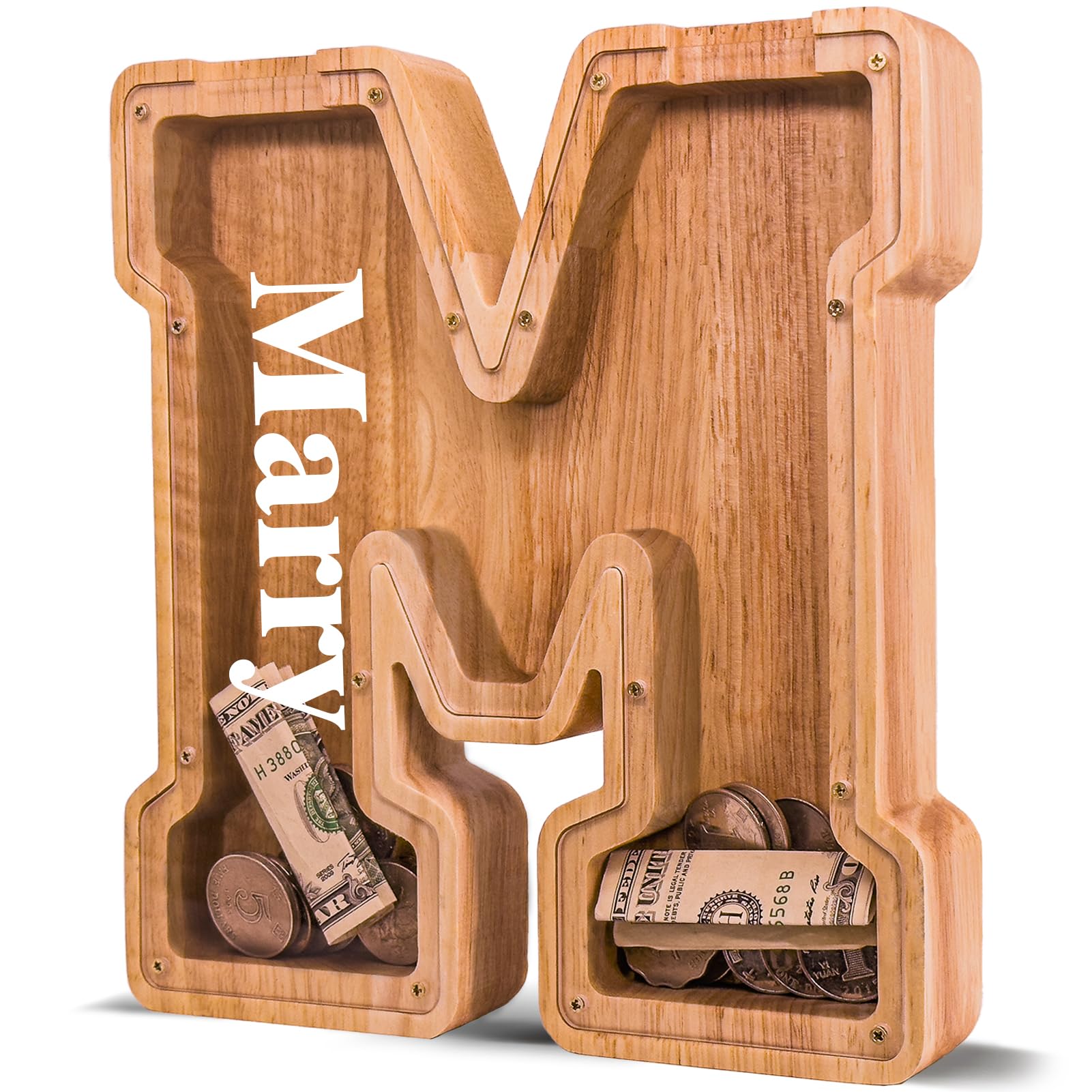 JOOMLAFLY Personalized Wooden Letter Piggy Bank for Kids Larger Letter Piggy Bank for Boys and Girls Initial Coin Bank Customized Piggy Bank Perfect Wood Kids Money Bank for Birthday and Festival