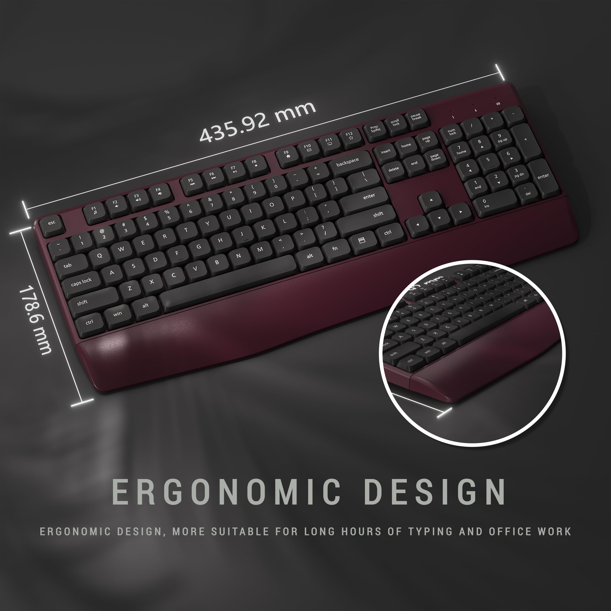 MPTOG Combinazione di tastiera e mouse ergonomici con poggiapolsi, chipset BK, tastiera e mouse da ufficio colorati di dimensioni standard, pulsante di accensione, ricevitore USB per PC portatile