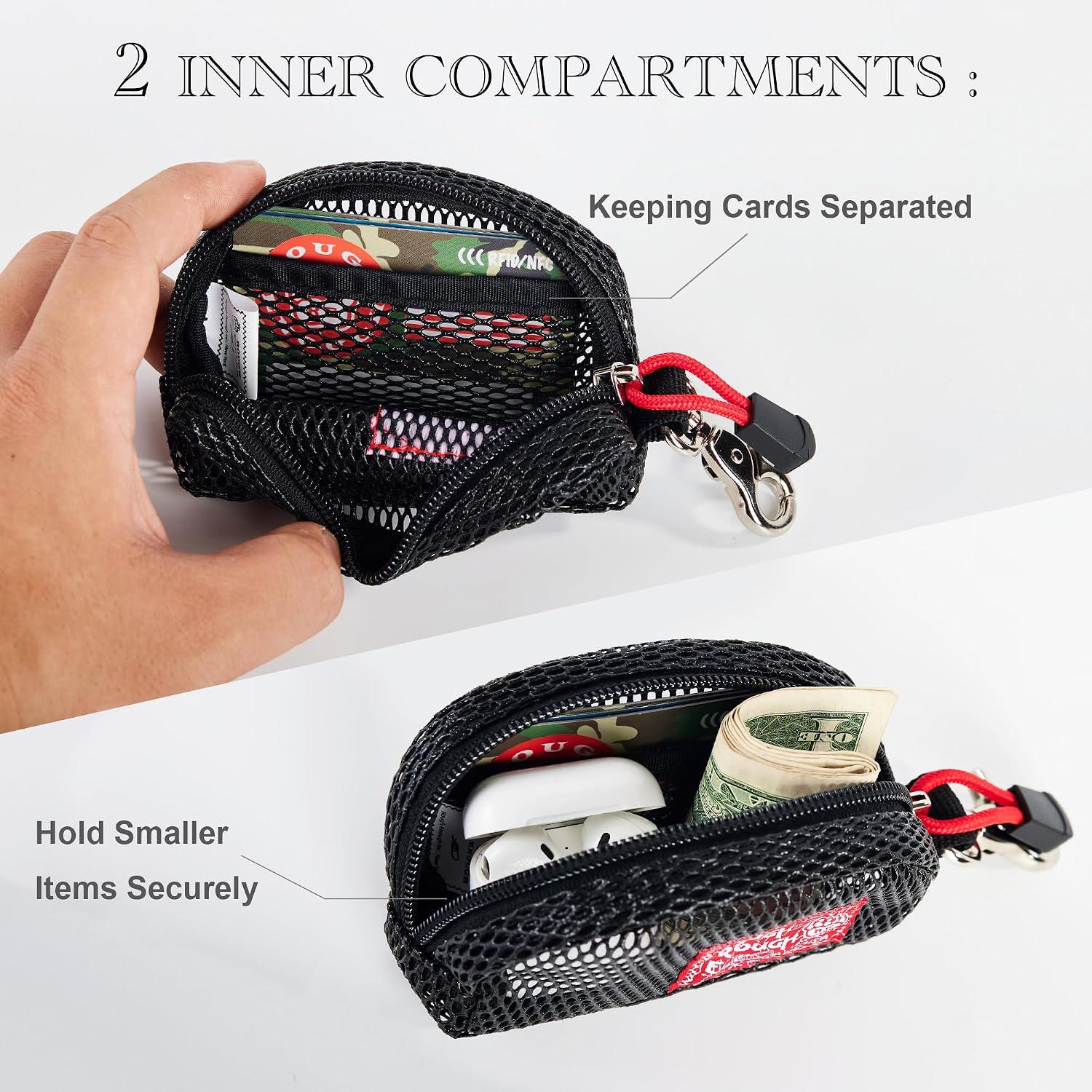 Rough Enough Small Coin Purse Pouch Change Card Holder with Zipper Clip on Buckle for Men Women Black Mesh