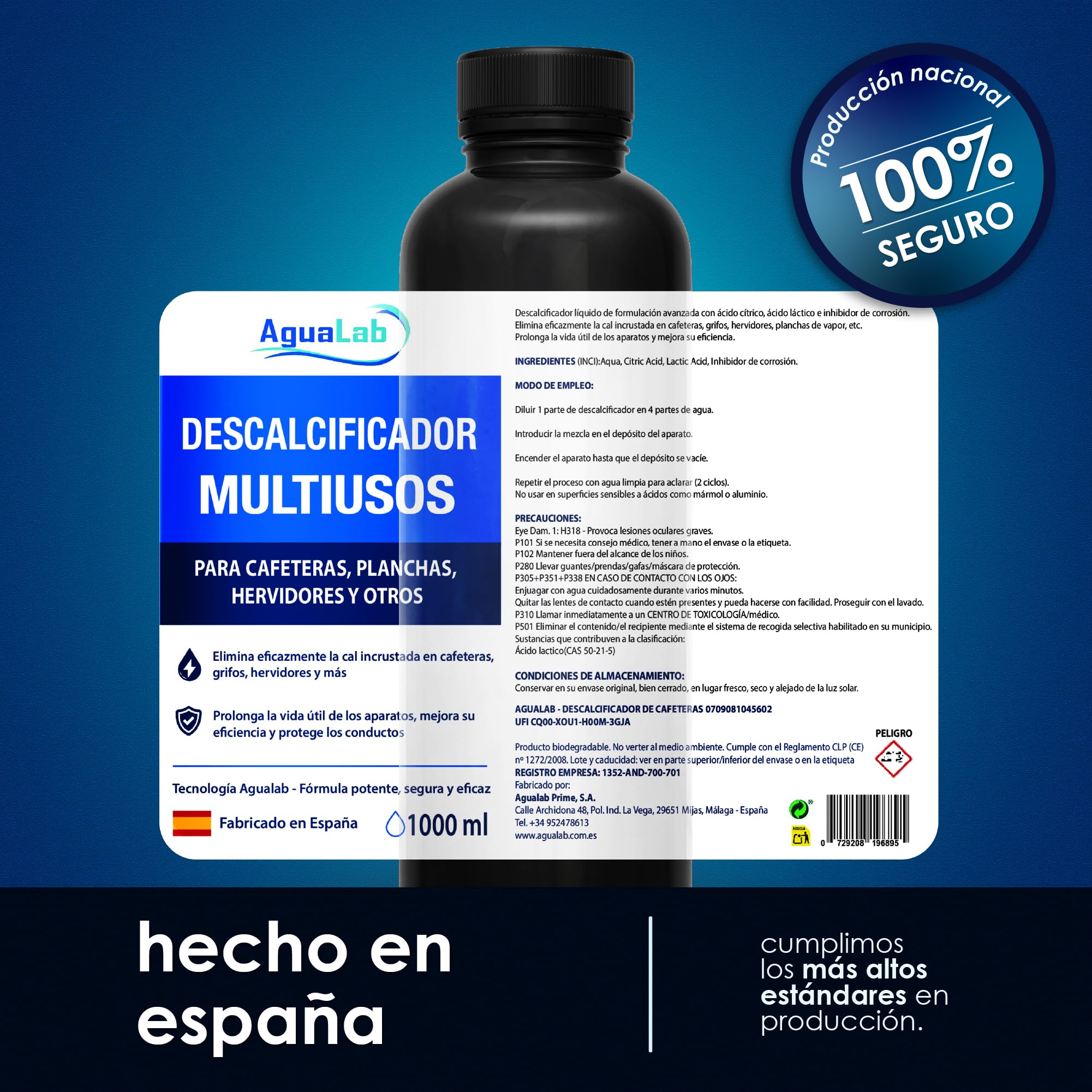 Descalcificador Cafetera 1L Liquido Antical Compatible con Delonghi Nespresso Dolce Gusto Krups Philips Cecotec Limpieza Cafetera Elimina Cal Formula Natural con Acido Citrico | AGUALAB