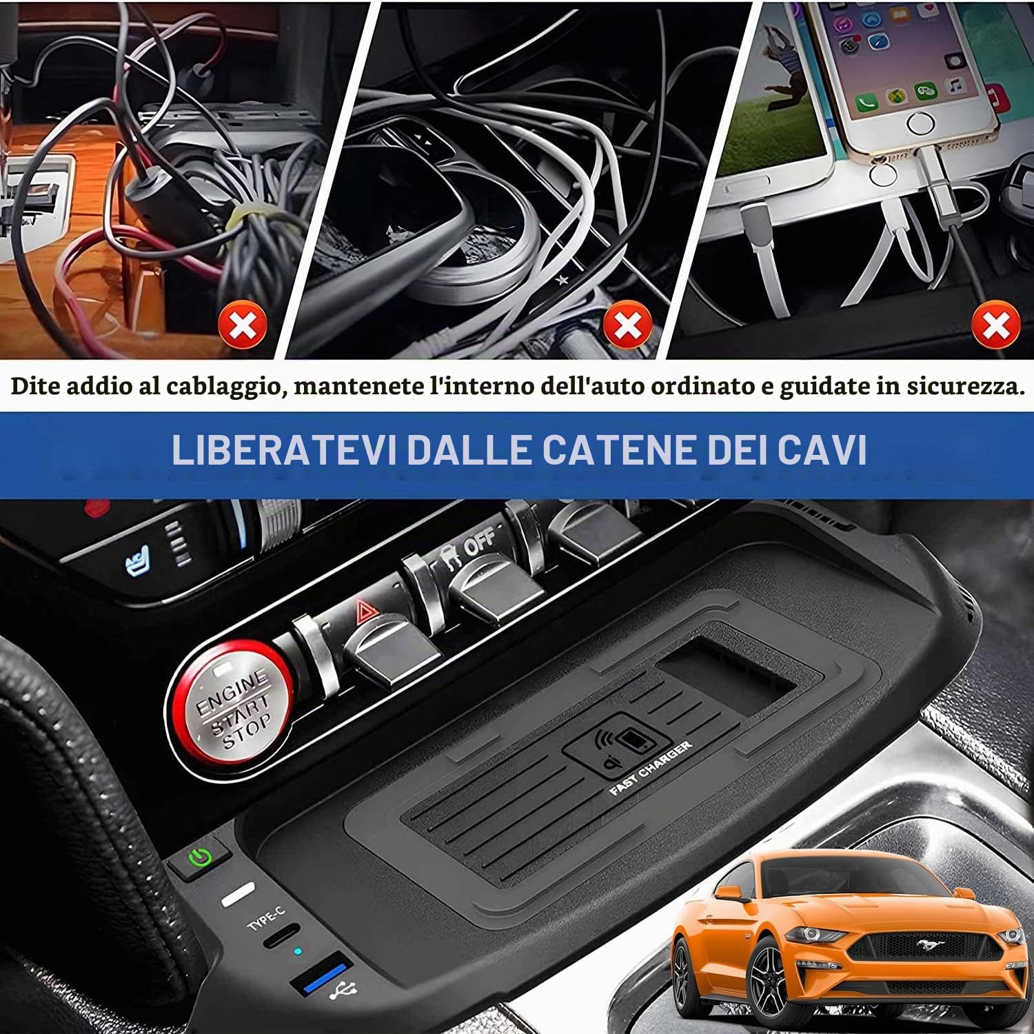 Caricatore Wireless Auto per Ford Mustang Coupe Convertible GT Shelby 2015-2023 Tutti i Modelli, 15W Qi Wireless Rapida Ricarica Telefono Pad con USB QC3.0 per iPhone 12/13 Samsung S22/S21