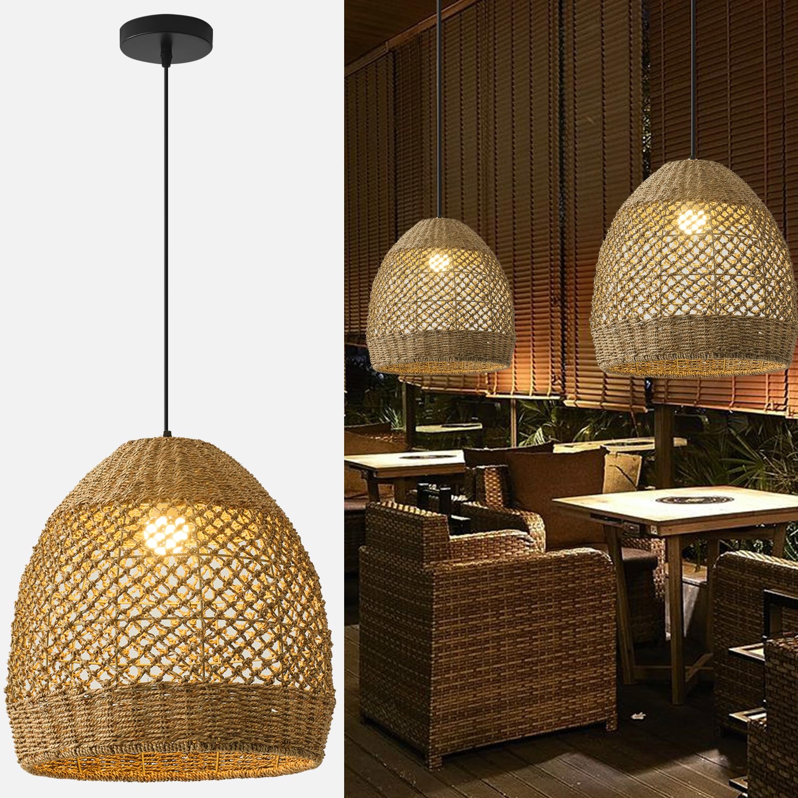 Teru Ji Kaikang Rattan Pendant Light 13.77" Rustic Hand-Woven Wicker Hanging Light 1-Light Water Plants Rattan Chandelier for Dining Living Bedroom