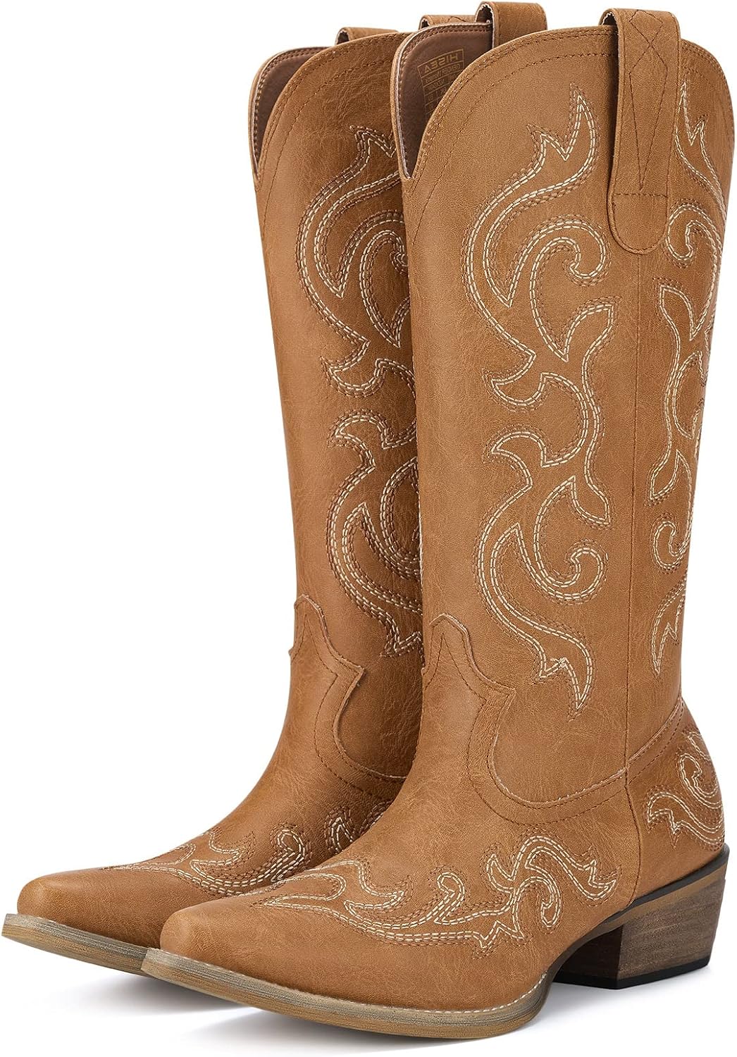 HISEA Rollda Cowboy Boots for Women Western Cowgirl Boots with Chunky Heel Ladies Snip Toe Mid-Calf Boots 7.5 Brown