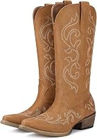 HISEA Rollda Women's Western Cowboy Boots - Floral Embroidery Snip Toe Mid-Calf Cowgirl Boots with 2" Chunky Heel