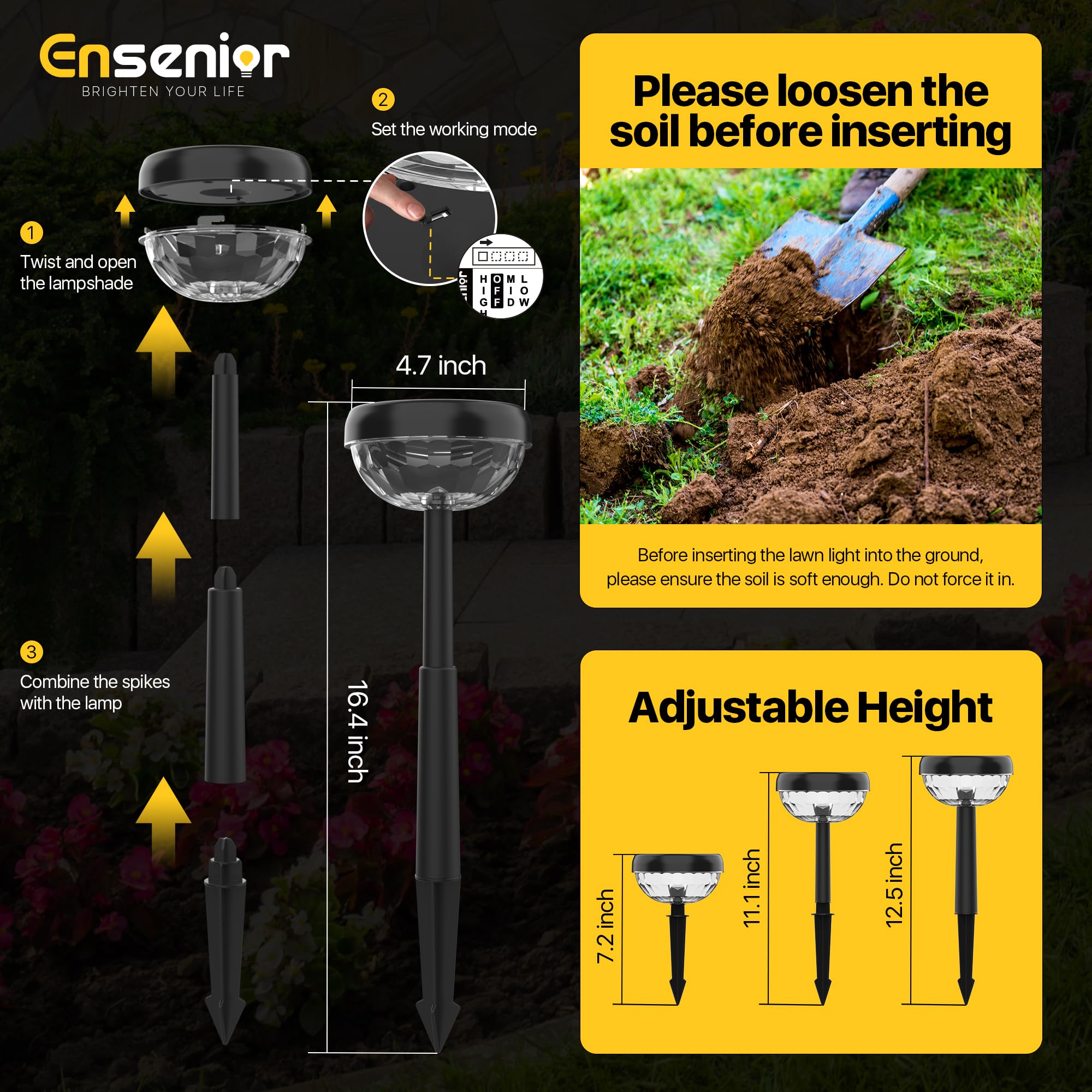 Ensenior 8er-Pack Solarleuchten für den Außenbereich, Auto ON/OFF 3000K LED Solar Gartenleuchten für Weg, Hof, Terrasse, Gehweg, Blumenbeet, wasserdicht, energieeffiziente Landschaftsbeleuchtung