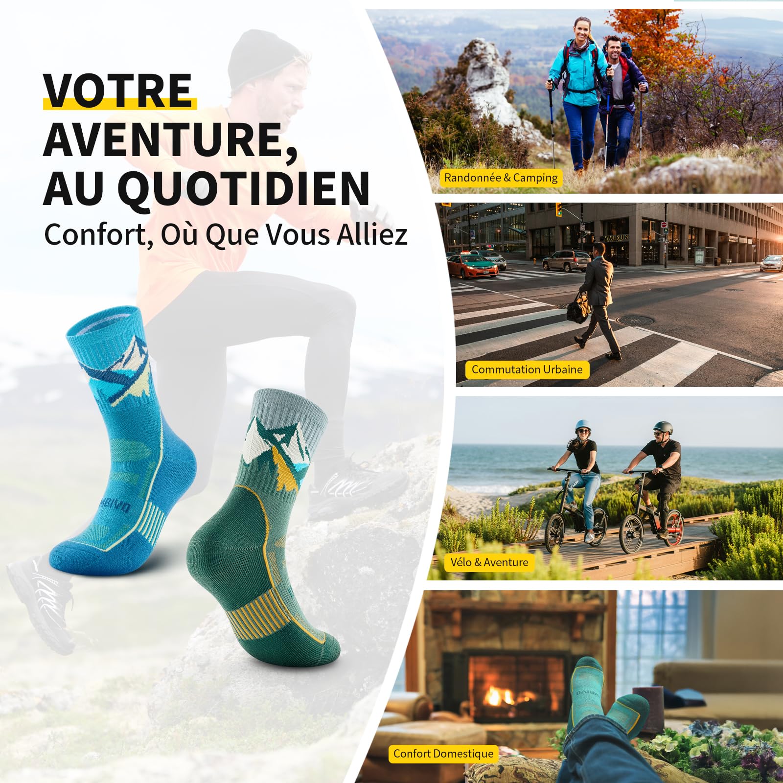 Chaussettes Randonnée Anti Ampoules Homme Femme en Mérinos Laine, Douces Respirant avec Rembourrage, 2 Paires
