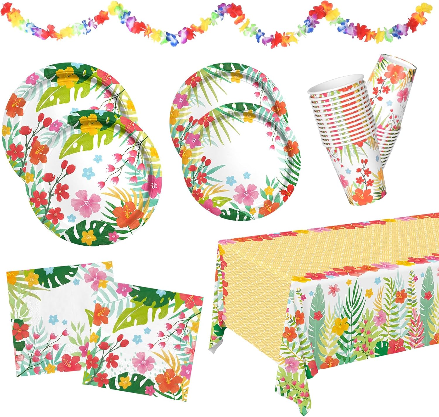 Tropical Luau Party Supplies Kit for 25 - Aloha Hawaiian Party Decorations with Disposable Paper Plates, Napkins, Cups, Tablecloth, and Banner | BBQs & Summer party