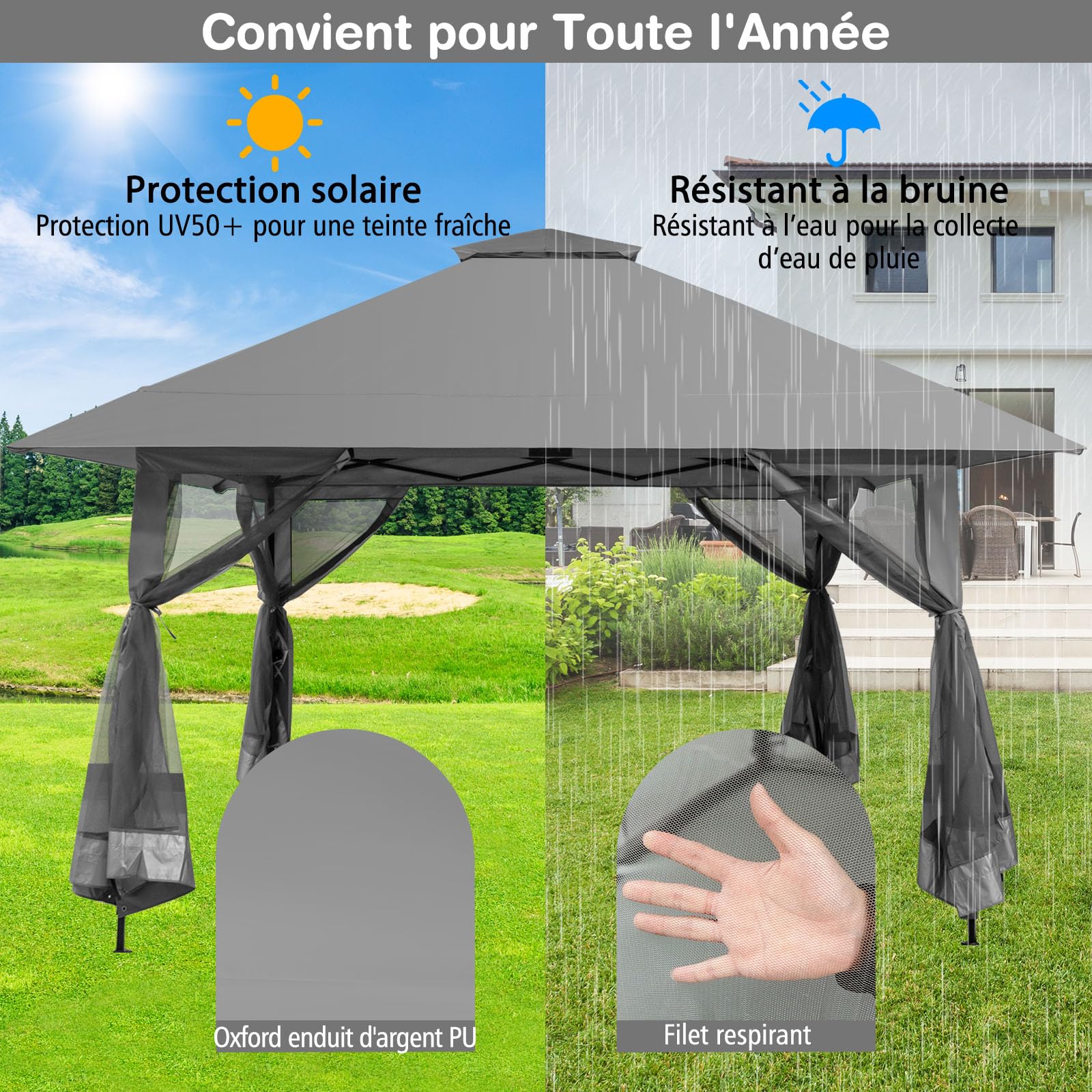 RELAX4LIFE Tonnelle de Jardin Exterieur 4x4 avec Parois en Maille à Fermeture Éclair, Hauteur Réglable, Tonnelle Pliante Pop-up, Double Toit, Protection UV50+, Sac à roulettes pour Cour Patio (Gris)