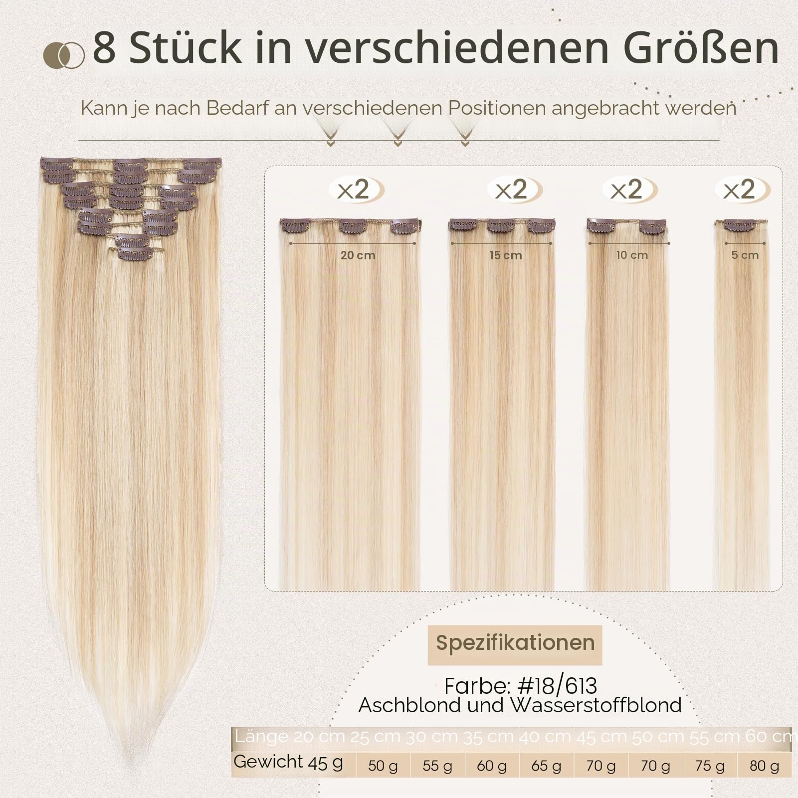 Elailite Voller Kopf Haarverlängerung Echthaar Clip -(8 PCS 18 Clips Hair Extensions Clip in Bayalage) - glatt, #18/613 Aschblond＆Gebleichtes Blond 60cm 80g
