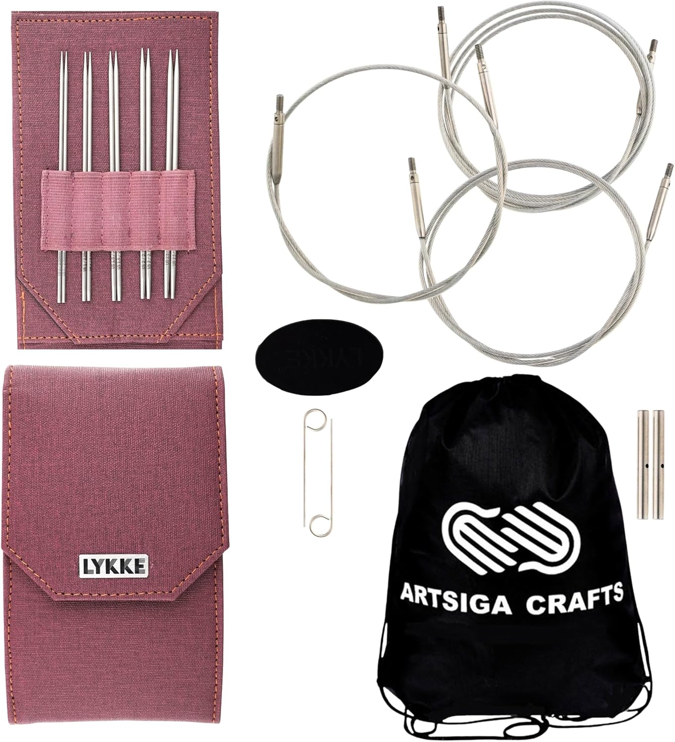 Lykke Flight 5 in. Mini Set US Sizes 0, 1, 1.5, 2, 2.5 Interchangeable Circular Knitting Needles for Lace, Fingering, Sock, Baby Yarn, Stainless Steel, 3 Cords, Maroon Case, Project Bag